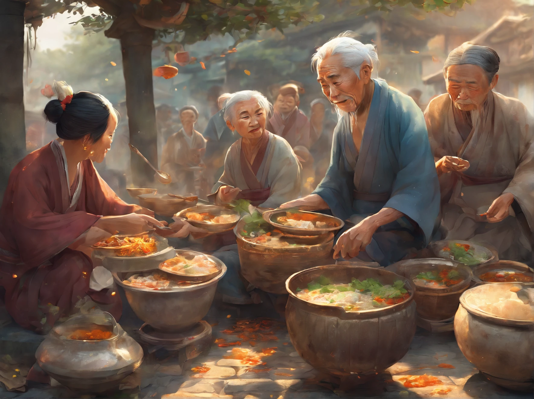 (best quality, 4K, 8K, high resolution), ultra-detailed, (realistic, photorealistic, photo-realistic:1.37), Chinese style, town dock, banyan tree, disheveled face, trishaw, traditional Zhuang ethnic costume, elderly grandmother, vibrant flowers on the head, enthusiastic service, serving a bowl of steaming porridge. The old grandfather wears worn-out clothes, with a tired face, holding a bowl. A crowded line, uncovered meal, growling stomach, hungry expression, mouth watering, anxiously counting the people in front, stretching their necks, inhaling the tempting aroma of the porridge filling the air.