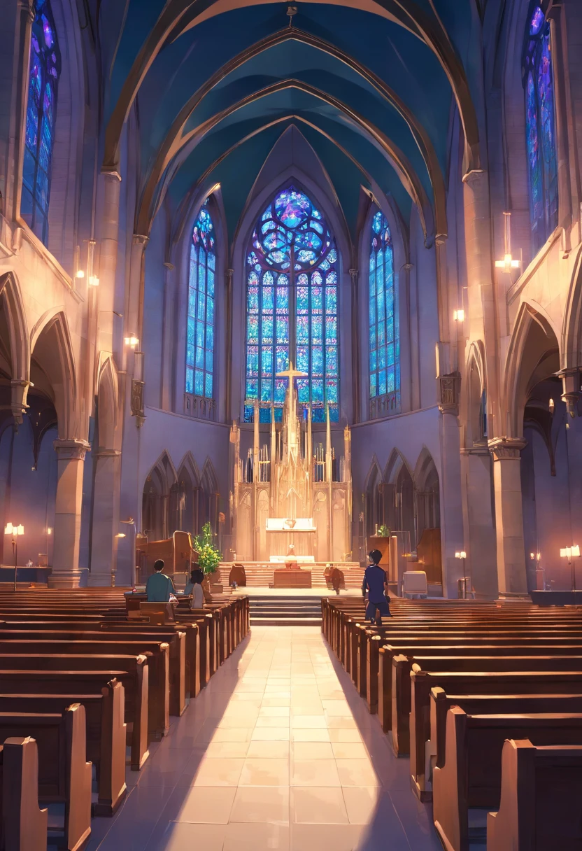 Ambiente realista de uma catedral escura, com luzes passando por vitrais coloridos. Ao centro, he saw from behind a musician with a guitar on his back.