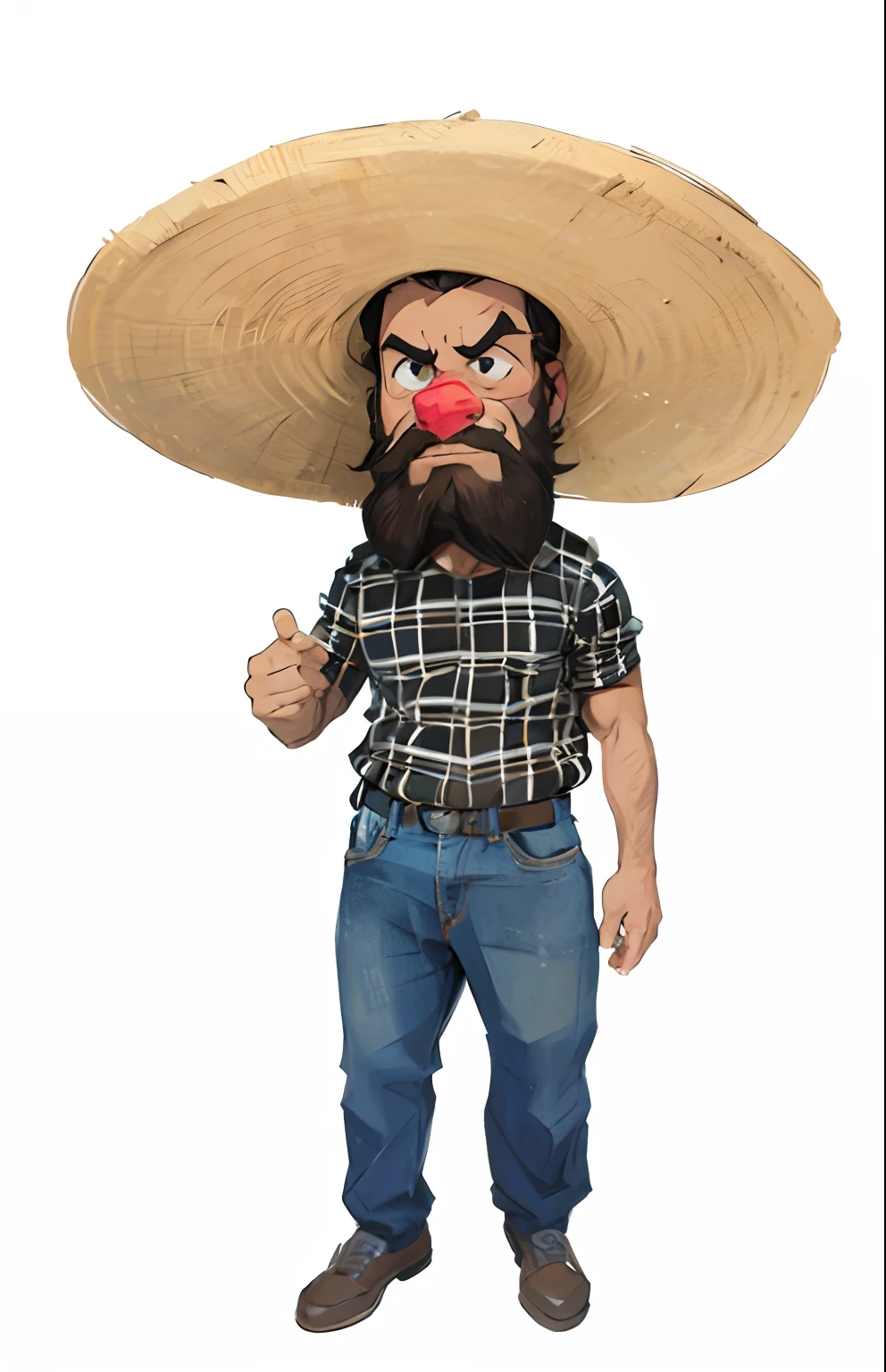 Caricatura, homem estilo dos desenhos animados, com barba e chapeu de palha.
