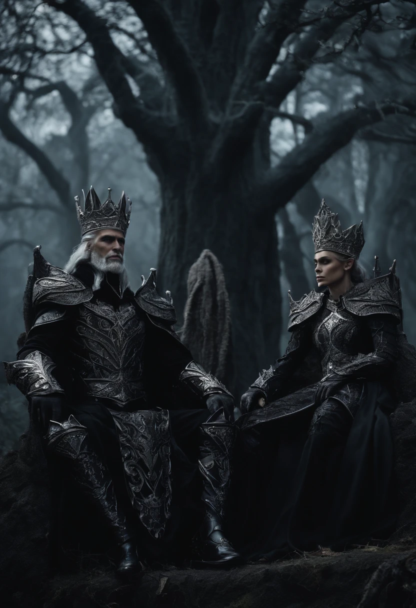 two dark elf kings and an elf queen, all dressed in black armor covered in darkness, all sitting on a single large throne that sits on a gigantic white tree