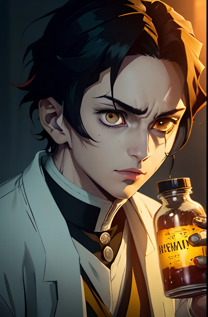 anime character with ((dark yellow eyes)) and messy, medium-length dark hair pulled back. He's dressed in a white scientist's coat over a white t-shirt and brown jeans. This character should exhibit a tired appearance with ((noticeable dark circles under his eyes, reflecting the toll of insomnia)). He's holding detailed chemical bottles, emphasizing his role as a scientist. Pay close attention to ((the detailed eyes and lips)) with a sharp focus. These chemical bottles could contain vibrant and visually intriguing substances, highlighting his background in chemistry. The art style should resemble Demon Slayer, featuring pastel colors. Ensure it's a 4K masterpiece with realistic lighting and shadows.
