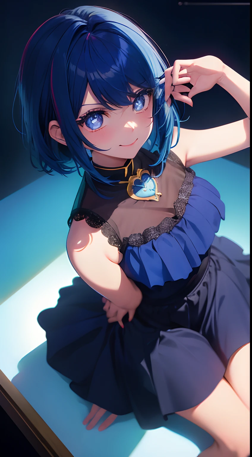 masterpiece、top-quality、Movie stills、One girl、、(a closeup:1.1)、with light glowing、Happiness、A delightful、Soft lighting、(Bauhaus、form、Line、abstracted:1.1)Gilji Bluehair Shorthair、butterflys々、Black long skirt((masterpiece)), deadpan, (((top-quality))), ((illustratio)),
1girl in,, ((独奏)), (详细的脸), (Beautiful details), Bright eye, blue eyess, ((dishevled hair)),
A smile、blank stare、sitting on、((Facing to the side))、
Bow Tie Hair Band、Black transparent skirt、noble、Mystical、
Bright background、write、
(magazine:1.1), (cover-style:1.1), Fashionable, femele, with a vibrant, outfits, the pose, the front, Colorful, Dynamic, Background with, element, I'm confident, expresive, ngel, statement, accessorized, An majestic, coiled, surroundings, Touch, The scene, Texto, covers, It's bold, captures the attention, Titles, Stylish, Catchy, headline, The large, Impressive, moderno, Trendy, Focus, lo fashion,Gilji Blue Hair Short Hair、Gilji Bluehair Shorthair、Gilji Blue Hair Short Hair, (Wearing a formal suit:1.3)1girl in, full body Esbian, cowboy shot, (Rembrandt), illustratio, (masterpiece), (Top image quality), (Ultras_Detailed), finely detail, (depth of fields), gloves, tongue-out, tongue, stele \(Symbols\), see the beholder, (Light blue hair:1.2), Blue Eye, The upper part of the body, hair adornments, :P, frilld, Blue shirt, A smile, Sleeveless, The shirt, Idol, symbol-shaped pupils, bangss, One side up, star-shaped pupils, dress pull, Roaring 20s, isometric、From above、Gilji Bluehair Shorthair, Wearing a suit、Luminescent eyes、Star-shaped glowing eyes