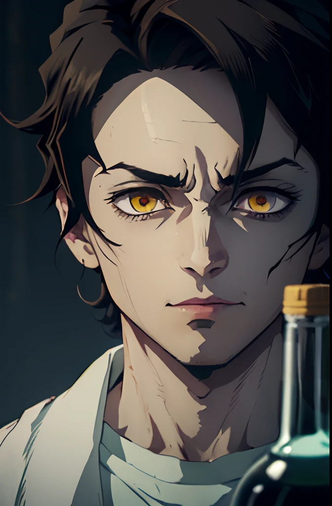 anime character with ((dark yellow eyes)) and messy, medium-length dark hair pulled back. He's dressed in a white scientist's coat over a white t-shirt and brown jeans. This character should exhibit a tired appearance with ((noticeable dark circles under his eyes, reflecting the toll of insomnia)). He's holding detailed chemical bottles, emphasizing his role as a scientist. Pay close attention to ((the detailed eyes and lips)) with a sharp focus. These chemical bottles could contain vibrant and visually intriguing substances, highlighting his background in chemistry. The art style should resemble Demon Slayer, featuring pastel colors. Ensure it's a 4K masterpiece with realistic lighting and shadows.