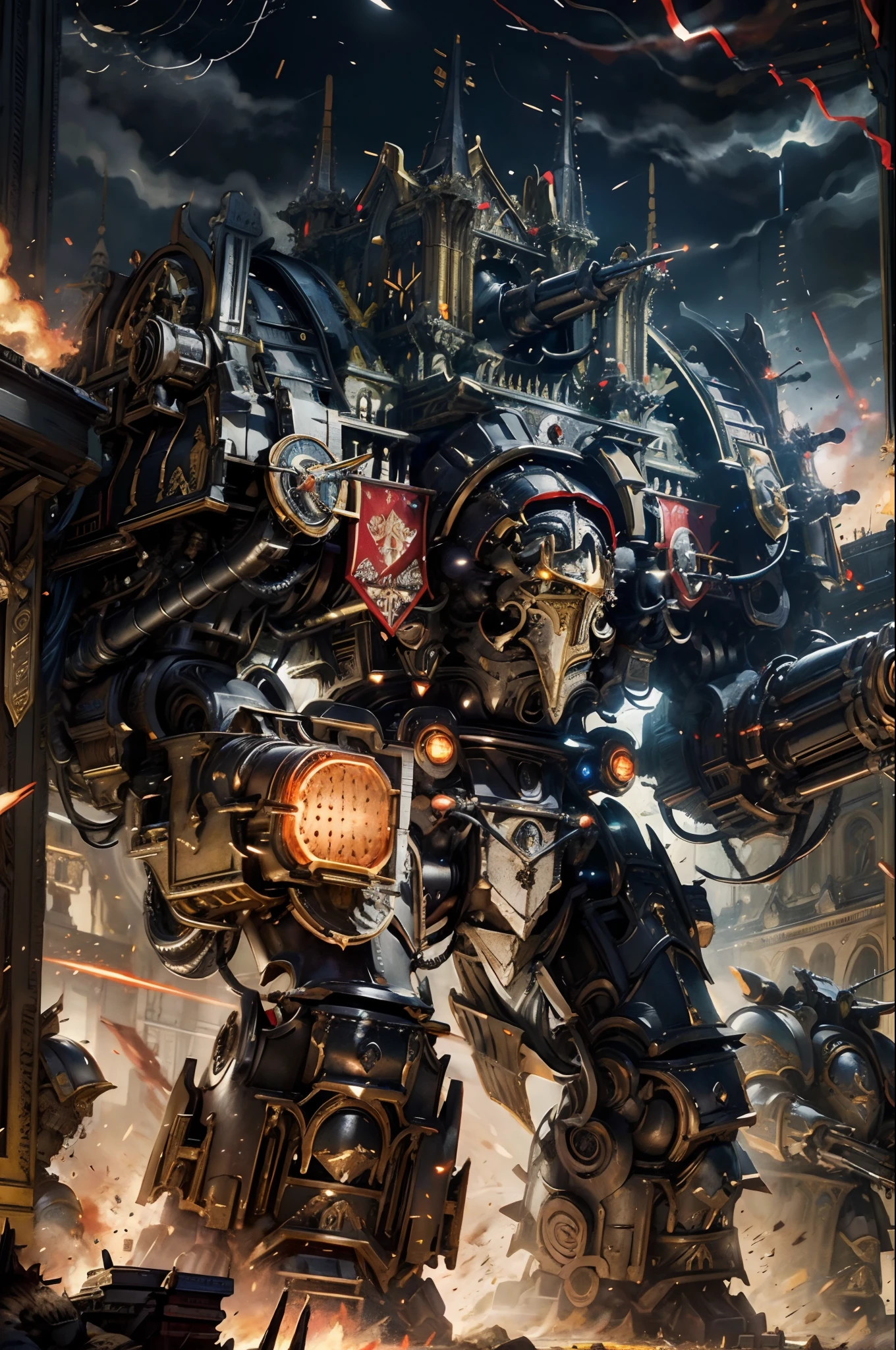 Photo of a emperor class Titan, extremely large,black armour, extremely huge gattling guns,damaged armour,red visors,night, absolutely stunning art, extremely detailed, highest quality digital art