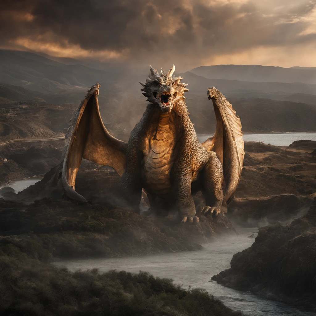 O Anticristo, An oppressive world leader, He will rise to power and persecute Christians. There will also be natural disasters, guerras e fome.,alta qualidade,8k,muitos detalhes,Alface de fogo,Infelizmente,4 pernas,Garras manchadas,Ouro,Perigos,fires,dentes pontiagudos,big dragon,imensidade,Threatening,imponente
