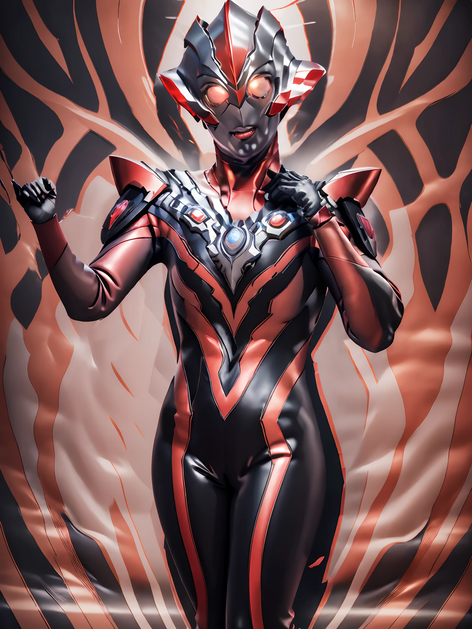 Grigio darkness,The beautiful figure of Ultraman Woman, Cover his true face with a black mask, Female Solo, Alien eyes shine, eyes glowing red, The whole body is covered with a black bodysuit,Glowing red crystal on the chest,  One female protagonist, Red lines all over the body, Dark background,