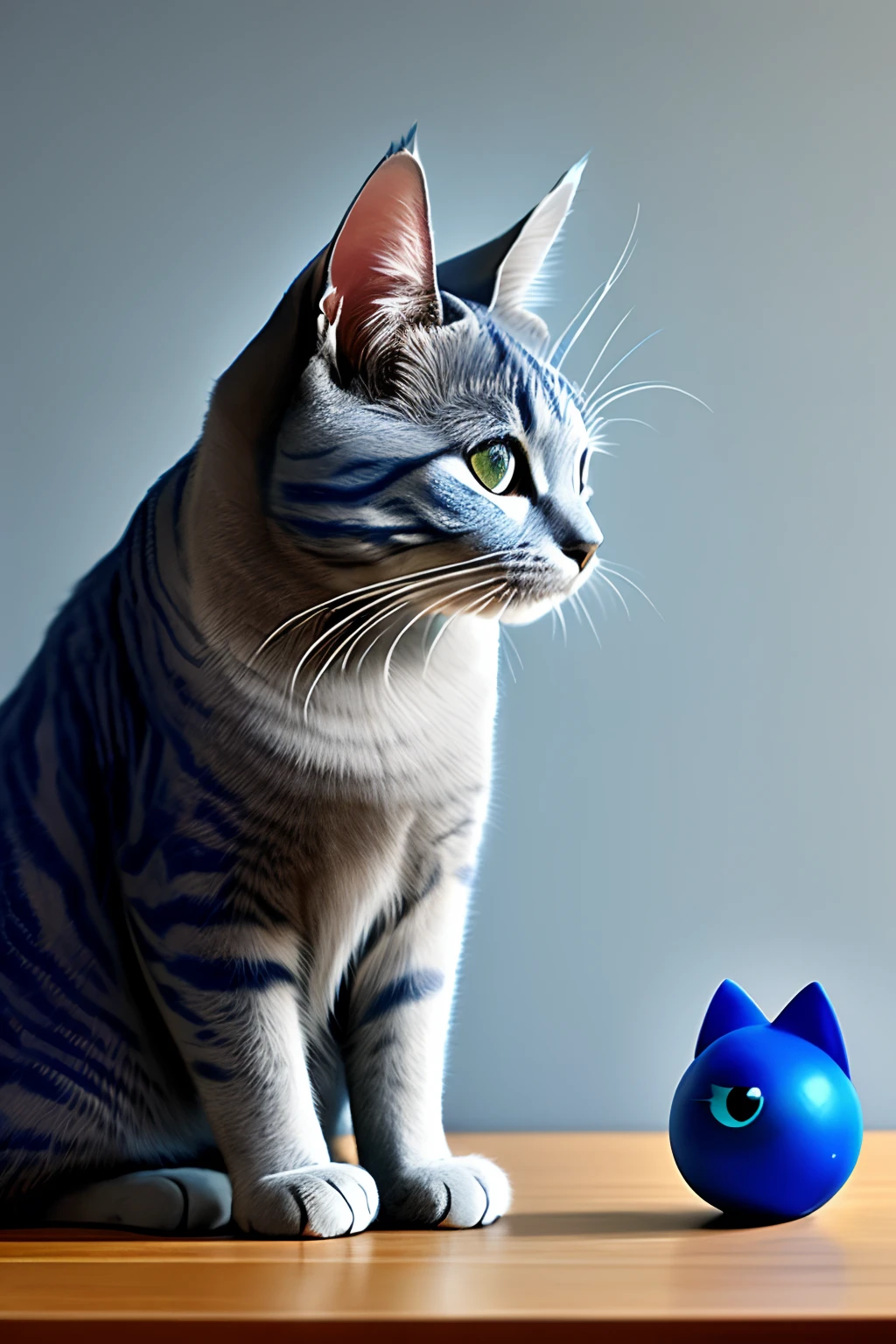 Blue-gray cat，big eye、A wistful look、
Stand sideways on the table、Sad face、profile