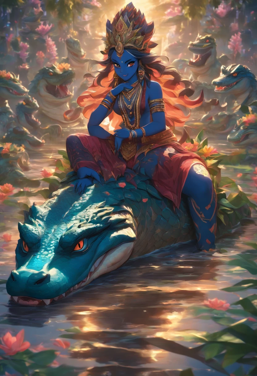 (((VARUNA))) best quality, ultra-high resolution, 4K detailed CG, masterpiece, Hindu Goddess,HINDU god, Hindu mythology, ((on top of an alligator)), Hindu image, aesthetic, centered on screen