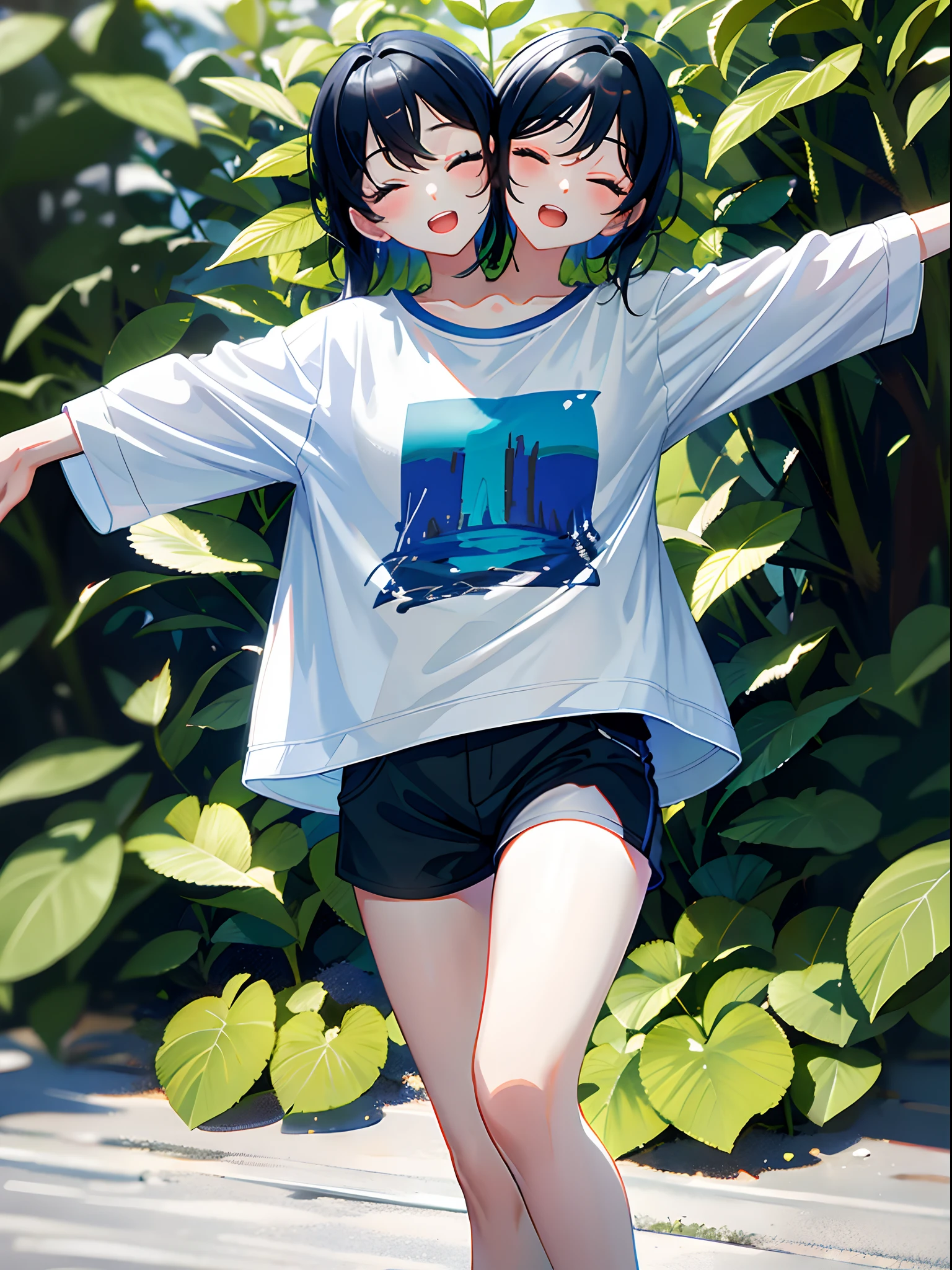 (masterpiece, best quality), best resolution, (2heads:1.5), 1girl, black hair, eyes closed, yawning, open mouth, arms stretched straight upward, blue t-shirt, silver short pants, forest trail