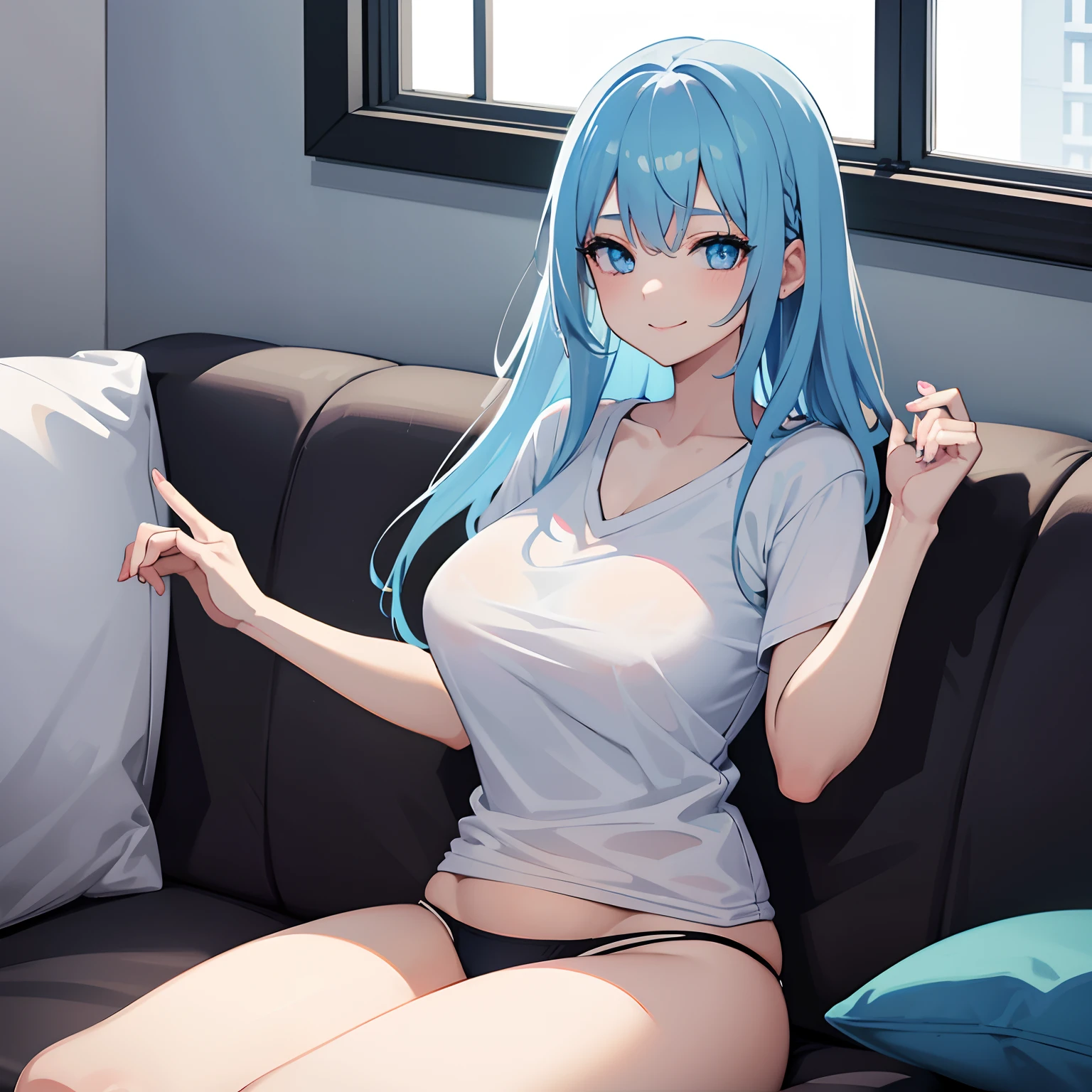 1 girl with long pastel blue hair, wearing white t-shirt and black panties, sitting on couch, seductive pose, big chest, voluptuous body, looking at viewer, cute smile, blue eyes