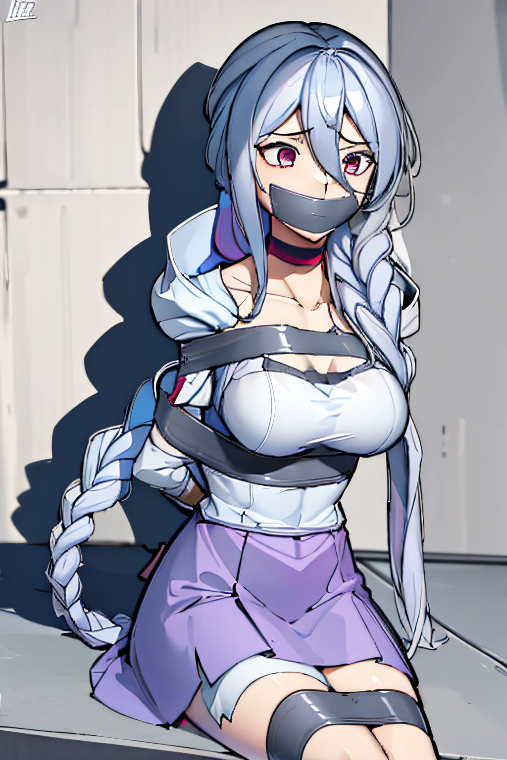 (absurdres, 8k, 4k, masterpiece, hyper extreme detailed:1.2), solo, 1girl, side view portrait, best quality, expressive eyes, perfect face, 1girl, portrait, solo, Female, mature female, adult, long hair, straight hair, drawing, swept bangs, cowboy shot, half body, expressive eyes, perfect eyes, friendly, light smile, shiraori, 1girl, shiraori, solo ,large breasts, cleavage, hair between eyes, white_hair, sitting ,light smile, ((hood_up)), twin braids, hair in front, hair over breasts, bound, bondage, (arms behind back:1.4), bdsm, tape gag, tape, tape bondage, restrained, tape wrapped, wrap gag, bondage, taped wrists, taped breasts, taped mouth, taped elbows, taped forearms, 1girl, tape gagged, wrap gag, taped eyes, covered eyes, blindfold,