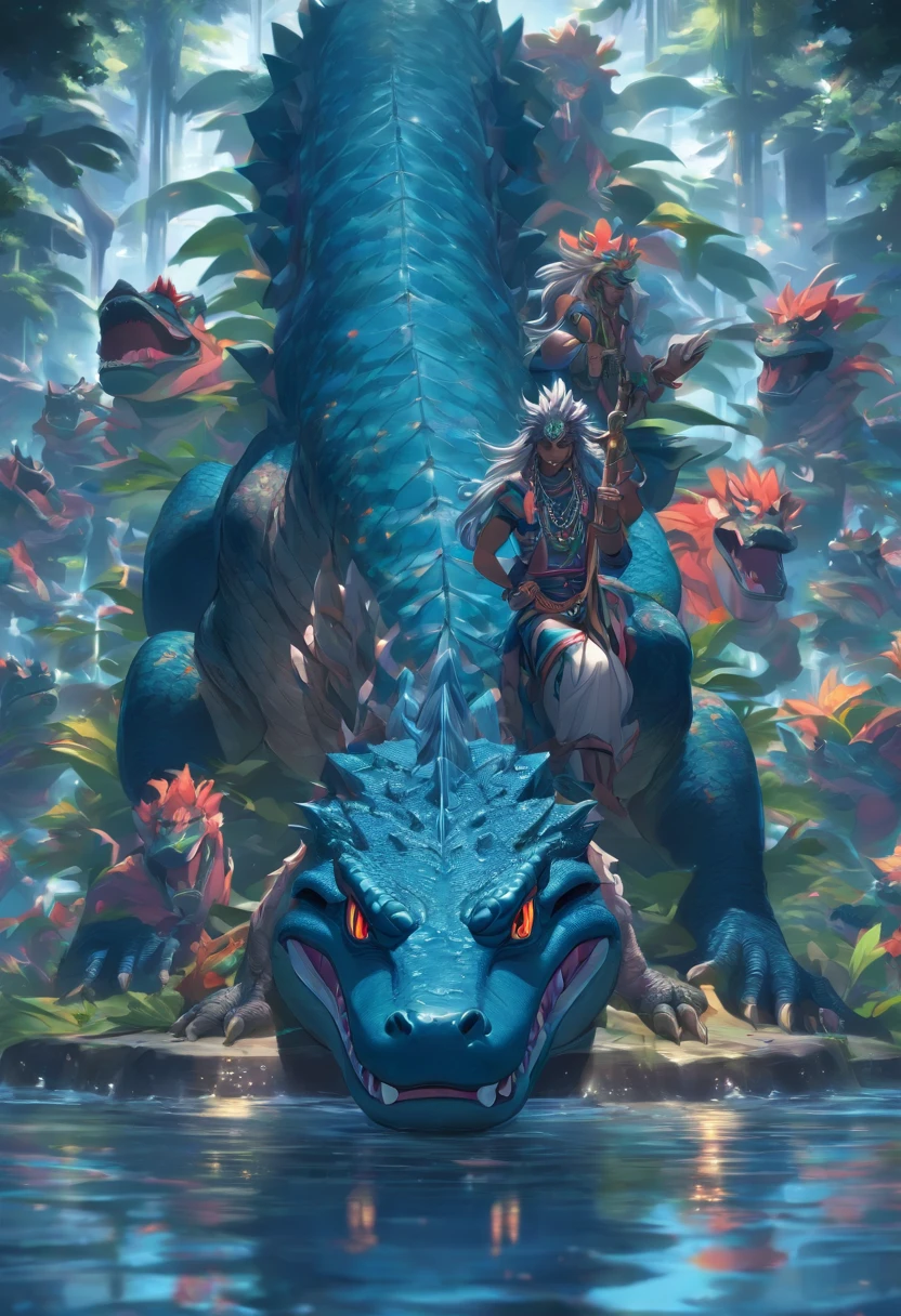 (((VARUNA))) best quality, ultra-high resolution, 4K detailed CG, masterpiece,HINDU god, Hindu mythology, ((on top of an alligator)), Hindu image, aesthetic, screen-centric