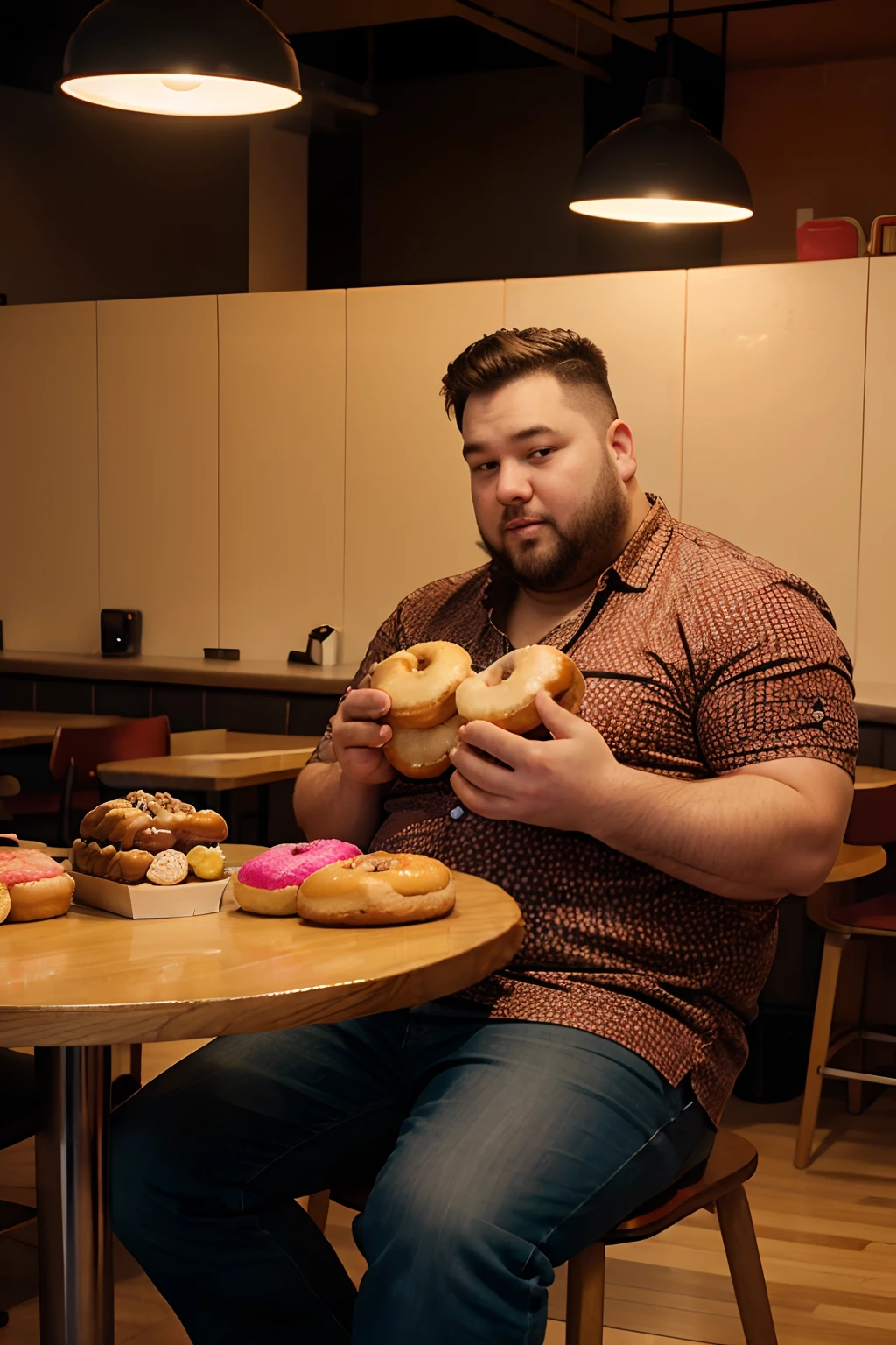 fat man eating donuts, realistic photography, modern restaurant, studio lights, colorful, eating donuts, full body shot