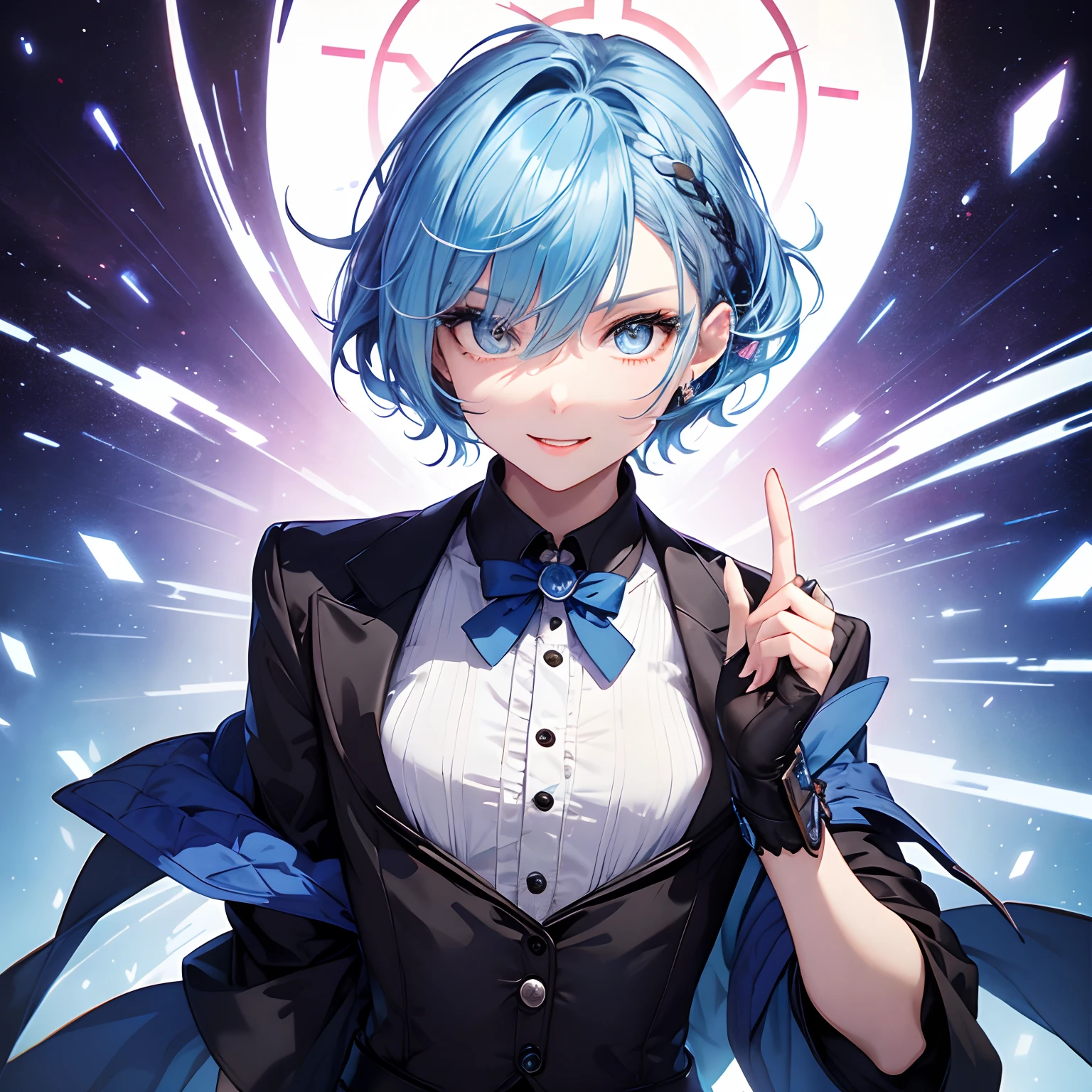 masterpiece、top-quality、Movie stills、One girl、、(a closeup:1.1)、with light glowing、Happiness、A delightful、Soft lighting、(Bauhaus、form、Line、abstracted:1.1)Gilji Bluehair Shorthair、butterflys々、Black long skirt((masterpiece)), deadpan, (((top-quality))), ((illustratio)),
1girl in,, ((独奏)), (详细的脸), (Beautiful details), Bright eye, blue eyess, ((dishevled hair)),
A smile、blank stare、sitting on、((Facing to the side))、
Tie Hair Band、Black transparent skirt、noble、Mystical、
Bright background、write、
(magazine:1.1), (cover-style:1.1), Fashionable, femele, with a vibrant, outfits, the pose, the front, Colorful, Dynamic, Background with, element, I'm confident, expresive, ngel, statement, accessorized, An majestic, coiled, surroundings, Touch, The scene, Texto, covers, It's bold, captures the attention, Titles, Stylish, Catchy, headline, The large, Impressive, moderno, Trendy, Focus, lo fashion,Gilji Blue Hair Short Hair、Gilji Bluehair Shorthair、Gilji Blue Hair Short Hair, (Wearing a formal suit:1.3)1girl in, full body Esbian, cowboy shot, (Rembrandt), illustratio, (masterpiece), (Top image quality), (Ultras_Detailed), finely detail, (depth of fields), gloves, tongue-out, tongue, stele \(Symbols\), see the beholder, (Light blue hair:1.4), Blue Eye, The upper part of the body, hair adornments, :P, frilld, Blue shirt, A smile,, The shirt, Idol, symbol-shaped pupils, bangss, One side up, star-shaped pupils, dress pull, Roaring 20s, isometric、From above、Gilji Bluehair Shorthair, Wearing a suit、Luminescent eyes、Star-shaped glowing eyes、Double peace、piece sign、Eyes that shine clearly、Star-shaped eyes shining clearly