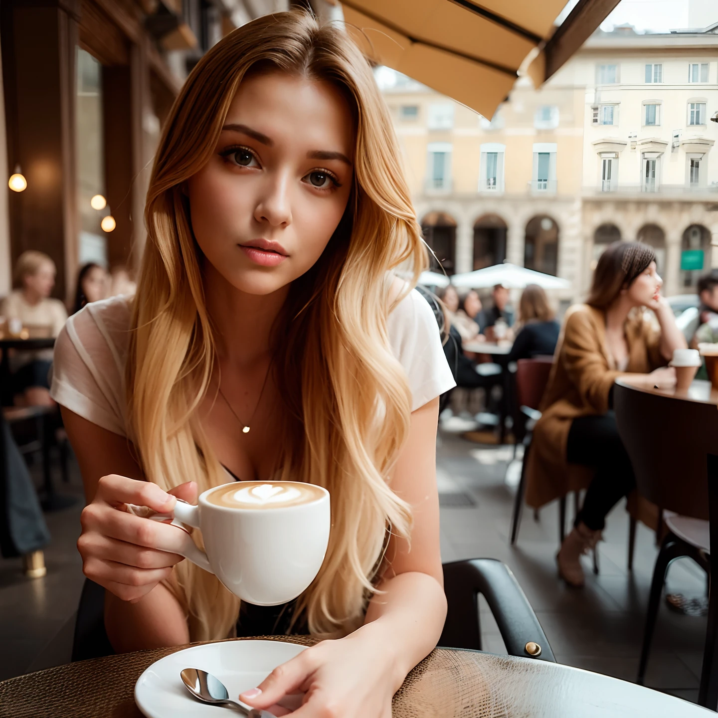 blonde woman sitting at a table with a cup of coffee, woman drinking coffee, drinking a coffee, drinking coffee, enjoying coffee at a coffee shop, cute woman, attractive girl, mysterious coffee shop girl, anna nikonova aka newmilky, sitting in a cafe, sitting in a cafe alone, gorgeous lady, beautiful blonde girl, sitting on a mocha-colored table