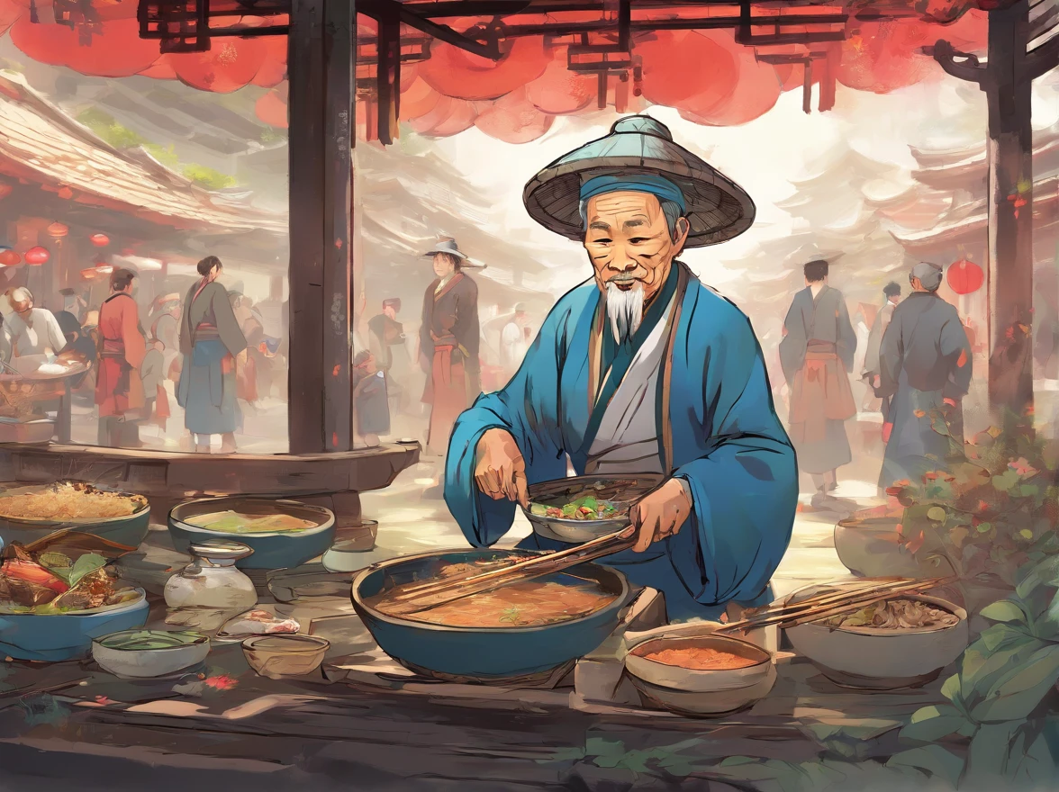 (Best quality, 4K, 8K, high resolution), super detail, (lifelike, photographic, photo lifelike: 1.37), Chinese style, town wharf, riverside, right side of the picture: banyan trees, messy faces, tricycles, traditional Zhuang costumes, elderly grandmother, vibrant flowers on her head, enthusiastic service, and a bowl of steaming Congee The old man was dressed in shabby clothes, with a tired face, holding a bowl. Behind him was a crowded queue, many people with shabby clothes, standing in line, eating without covers, growling stomach, hungry expression, making people salivating, anxiously counting the people in front, stretching his neck, breathing in the attractive aroma of Congee in the air. On the left side of the picture: grass, broad river, ripples, the sun in the sky.