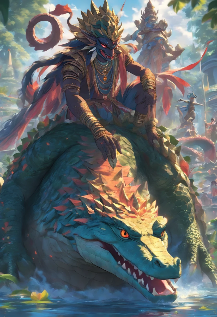 (((VARUNA))) best quality, ultra-high resolution, 4K detailed CG, masterpiece,Man, Hindu mythology, ((on top of a crocodile)), Hindu image, aesthetic, screen-centric
