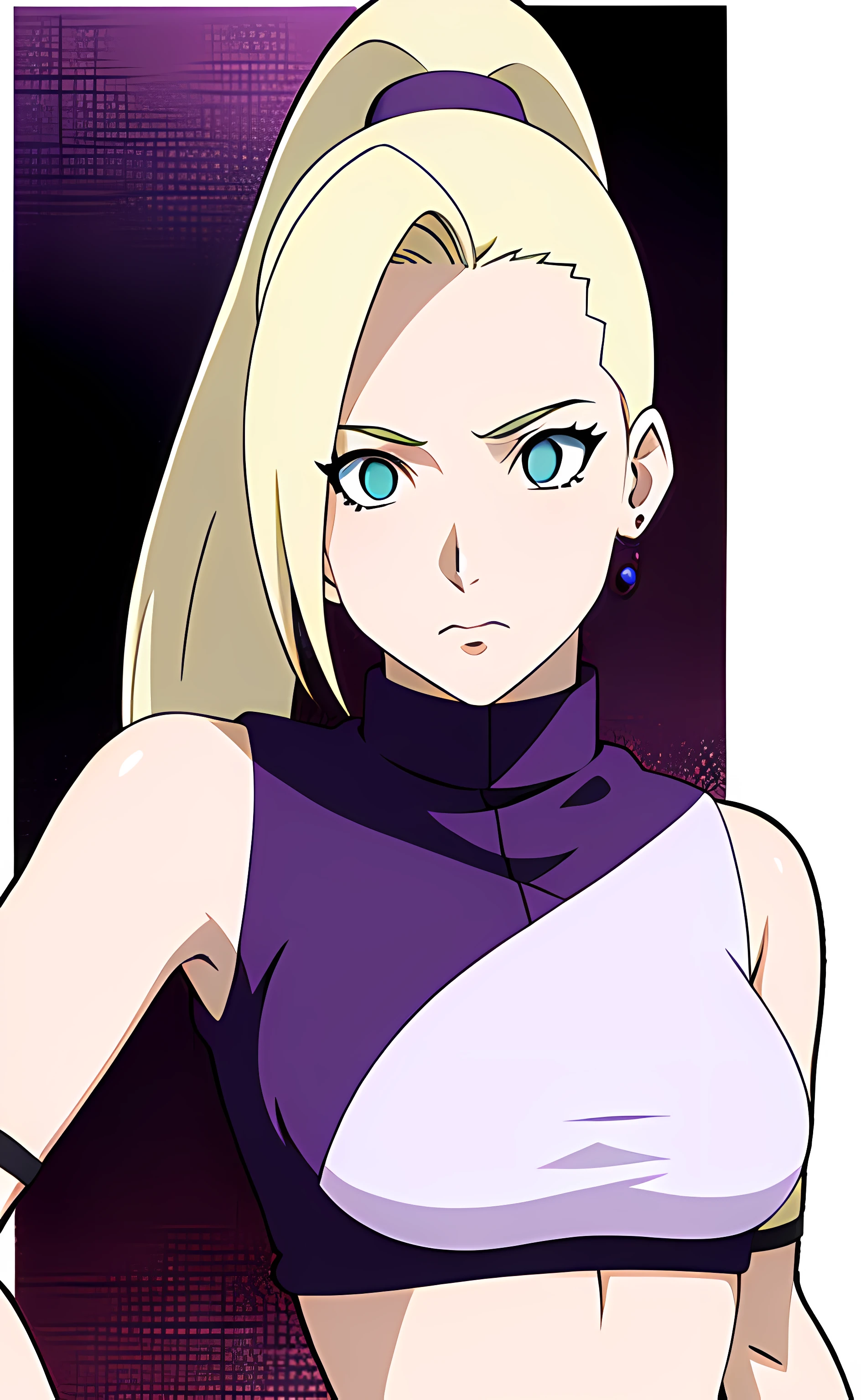 1girl, blonde hair, ponytail, aqua eyes, ((small waist)), wide hips, purple crop top, purple skirt, thighhighs, white heels, ((detailed face and eyes:1.5)), intrincate details, best quality, high resolution, anime ilustration, anime style, (large breasts), ((view of full body)),