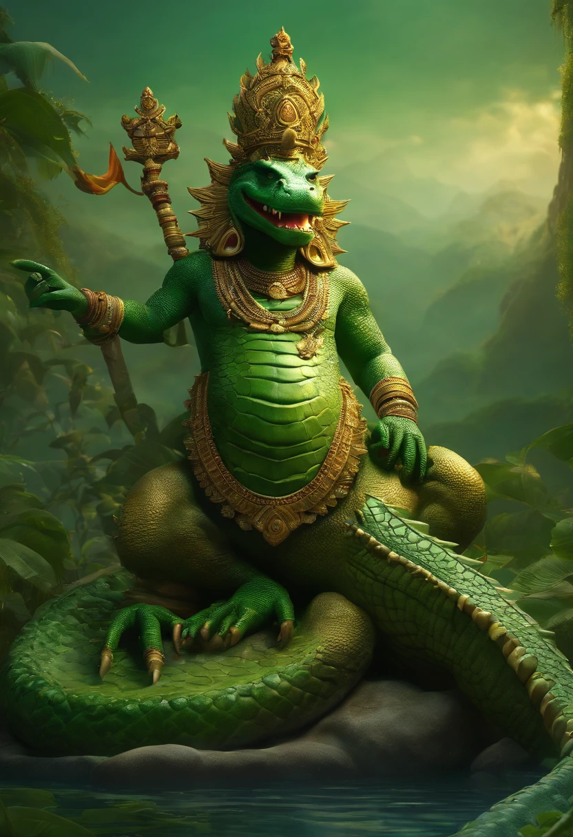 (((VARUNA))) best quality, ultra-high resolution, 4K detailed CG, masterpiece,Man, Hindu mythology, ((on top of a green crocodile)), Hindu image, aesthetic, screen-centric