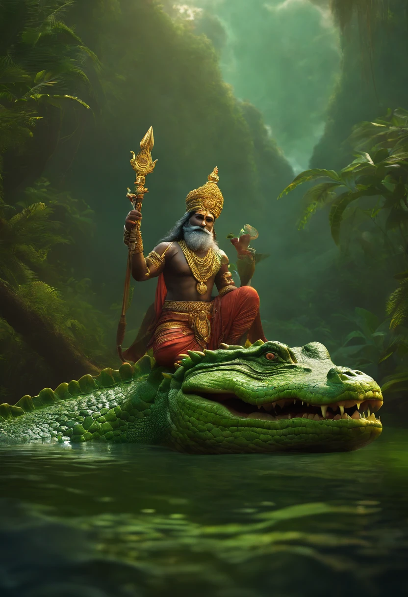 (((VARUNA))) best quality, ultra-high resolution, 4K detailed CG, masterpiece,Man, Hindu mythology, ((on top of a green crocodile)), Hindu image, aesthetic, screen-centric