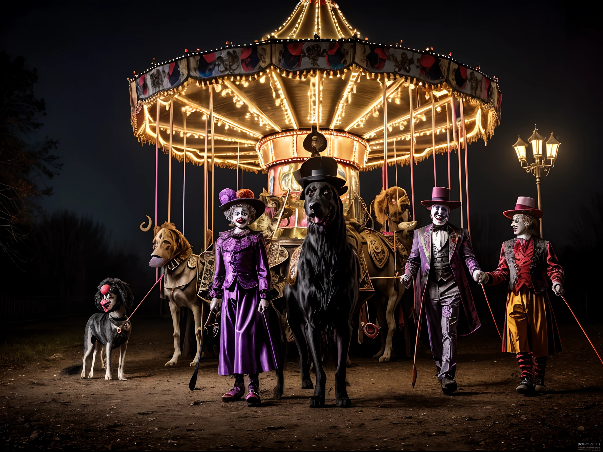 (highly detailed) Killer clowns from outer space walking dogs in the park, HDR, hyper-realistic, vivid colors, professional lighting, ultra-detailed (and realistic) clowns, detailed alien-like make-up, intricate costumes, creepy expressions, menacing gaze, (bright red noses, exaggerated smiles), (evil and mischievous eyes), (gruesome teeth), (colorful and wild hair), (sinister facial features), (unnatural proportions), (extravagant and extravagant attire), (scary clown shoes), (strange and twisted body language), (dark and eerie atmosphere), (hauntingly beautiful moonlit night), horror-inspired background, (sinister carousel rides in the distance), (faint echoes of creepy laughter), (mysterious and misty park), (shadows playing tricks), (clowns casting long and spooky silhouettes), (dogs with glowing, hypnotic eyes), (fierce-looking, otherworldly dog breeds), (unnatural and unsettling dog behavior), (dogs wearing clown collars and hats), (clowns holding twisted leashes), (playful chaos and tension in the air), (surreal and disturbing concept), (unsettling juxtaposition of innocence and terror), (nightmarish carnival-like setting), (sinister magic and supernatural presence), (lurking danger and lurking secrets).