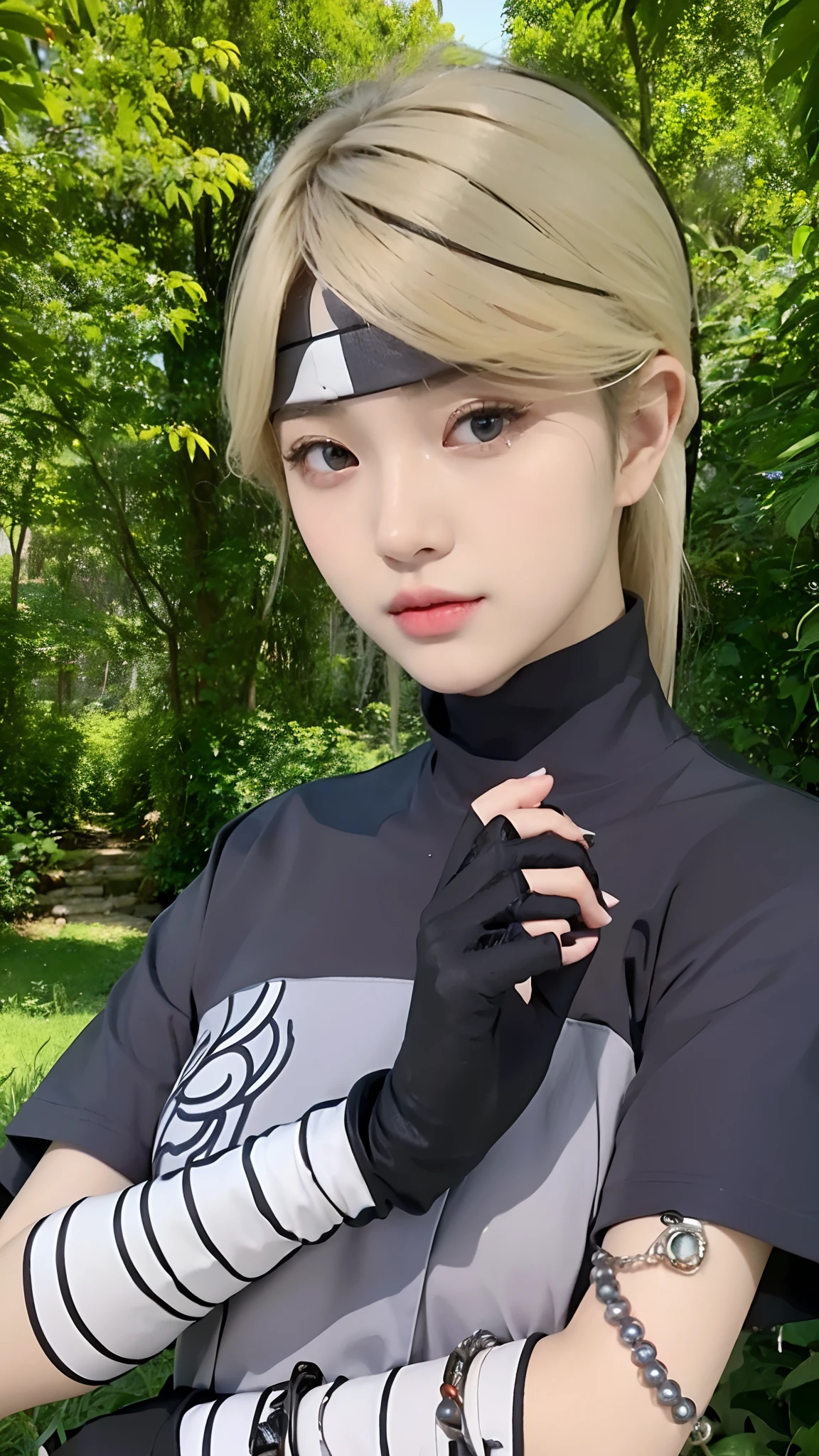 Real life adaption of this character, Korean teen beauty face, cool expression,realistic same blonde hair,((realistic same outfit )),(Her hands were wrapped in a white cloth like mummy),there is accecories Made from pearl on her hand, realistic jungle background, hyper realistic, realistic light, realistic shadow, realism,(photorealistic:1.2), looking to viewer