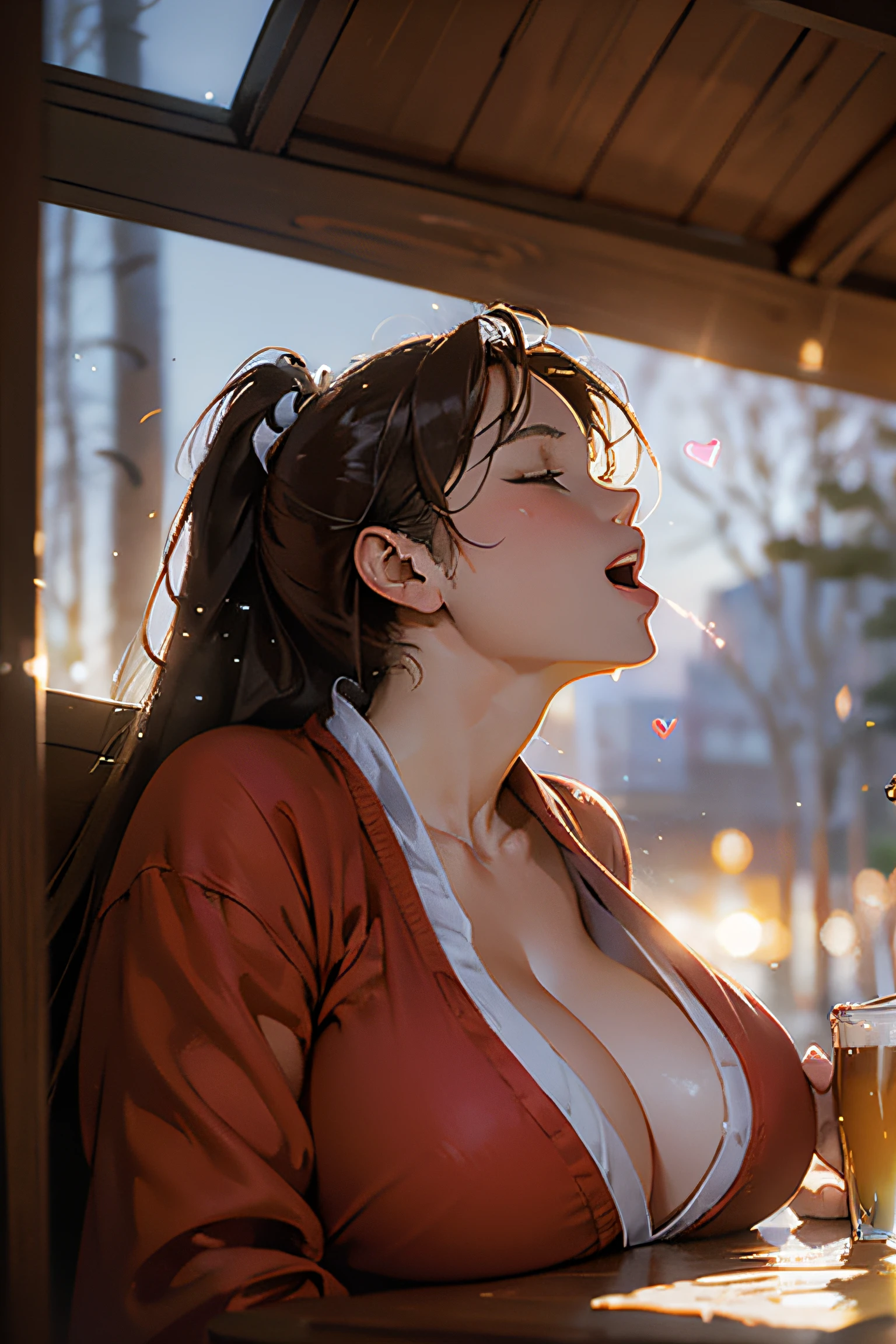 stunning , cel shading,oil painting,((post-impressionist)),(face upward:1.2),Post Impressionist,Droplets,well,soft lighting,COOL,extreme close shot,looking through window,snow outdoor,(drinking coofe), (establishing shot:1.5), (side view:1.5),long hair, brown hair, shiranui mai,(( red Birch Pullover)),upper body, (huge Laughing:1.1), (open mouth:1.1), closed eyes, sun glare, bokeh, depth of field, blurry background, light particles, strong wind, (heart particles:1.2),nose blush,((cleavage)),
