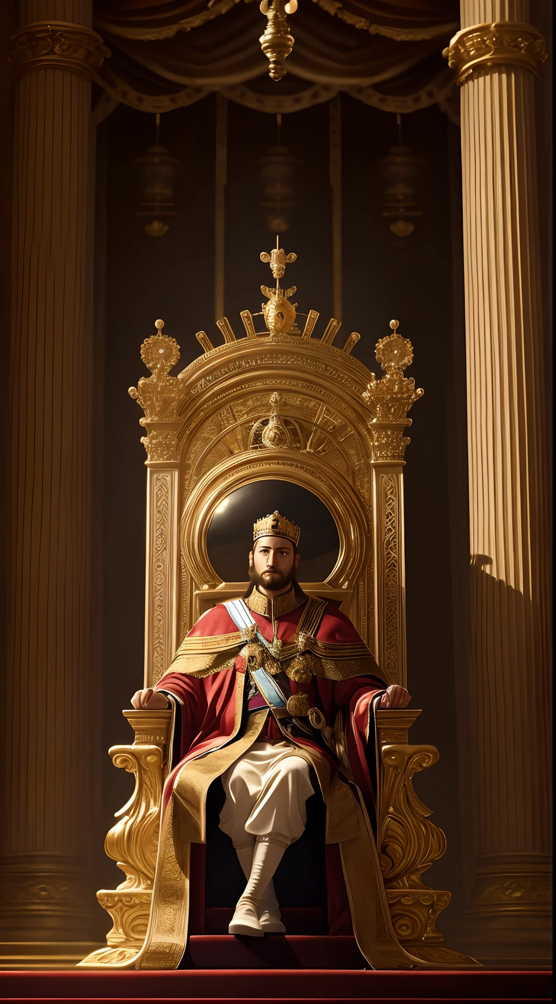A young king of twenty-five years with a crown on his head sitting on the throne, masterpiece, high realistic image, high resolution,8k
