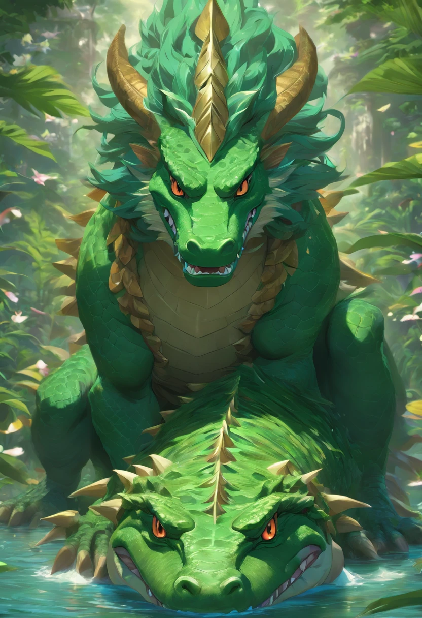 (((VARUNA))) best quality, ultra-high resolution, 4K detailed CG, masterpiece,Man, Hindu mythology, ((on top of a green crocodile)), Hindu image, aesthetic, screen-centric