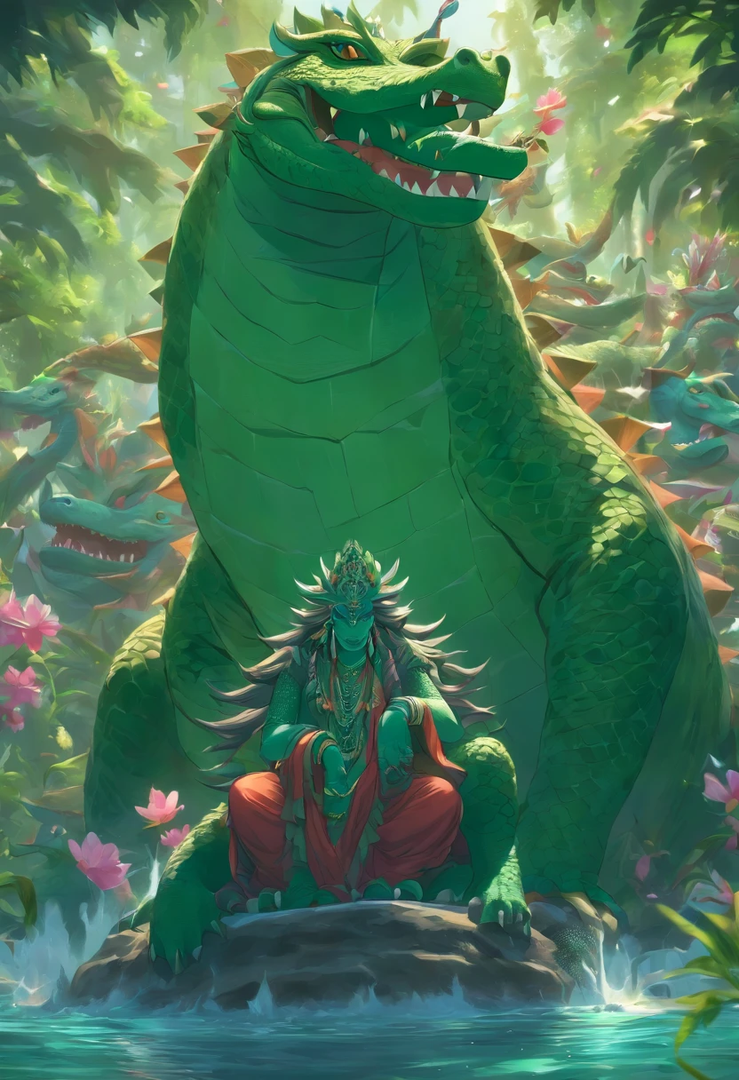 (((VARUNA))) best quality, ultra-high resolution, 4K detailed CG, masterpiece,Man, Hindu mythology, ((on top of a green crocodile)), Hindu image, aesthetic, screen-centric