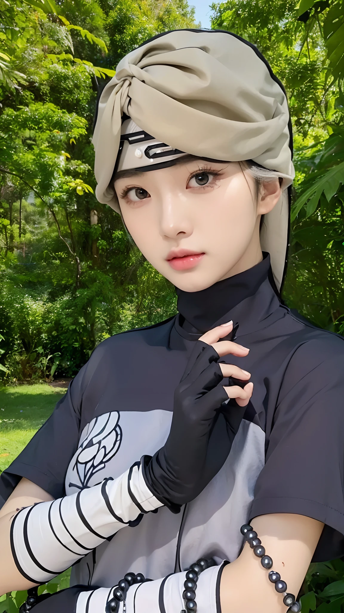 Real life adaption of this character, Korean beauty face, cool expression,realistic same hair,(realistic same outfit His hands were wrapped in a white cloth),there is accecories Made from pearl on her hand, realistic jungle background, hyper realistic, realistic light, realistic shadow, realism,(photorealistic:1.2), looking to viewer