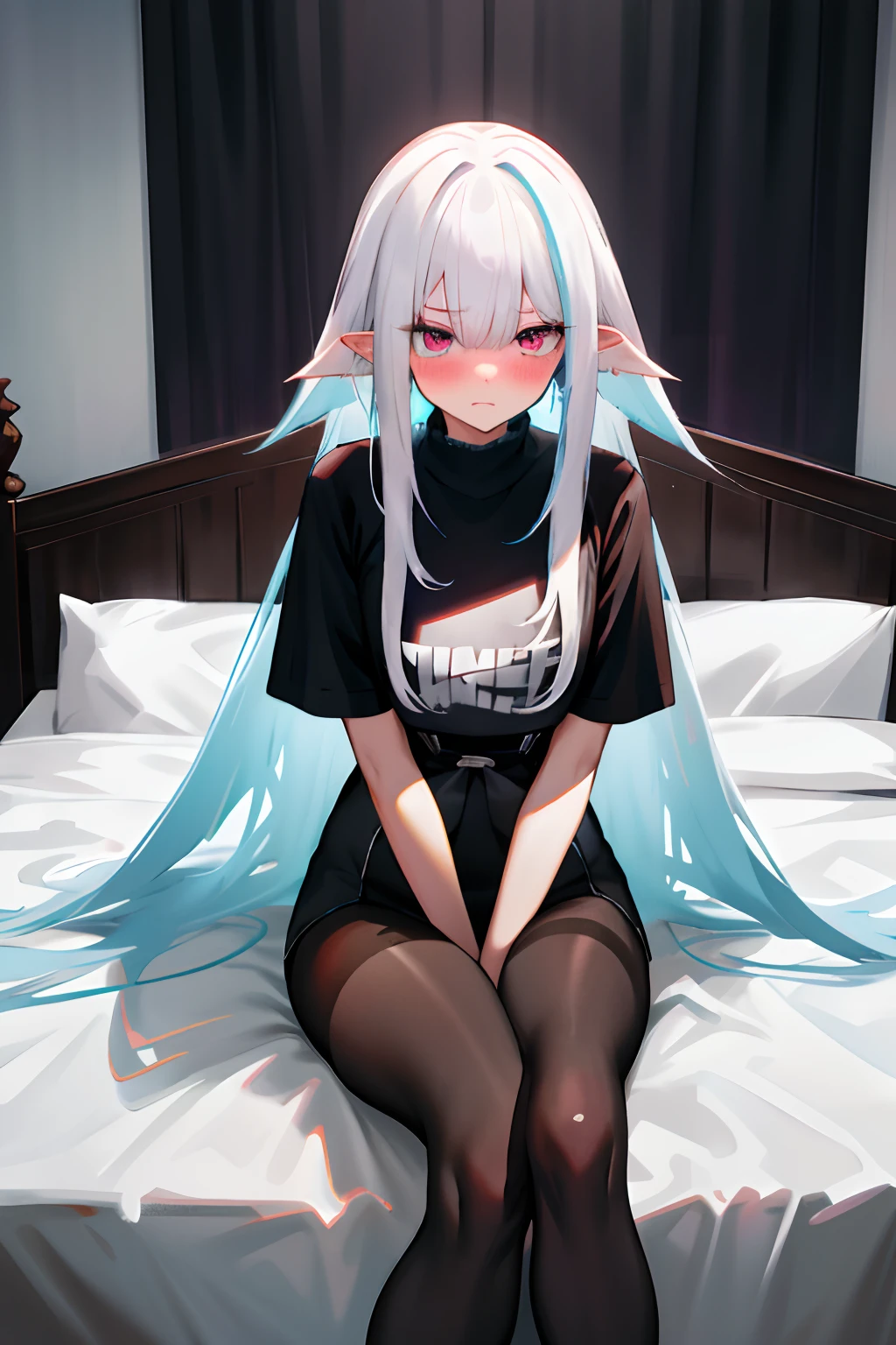 One girl with long hair, white hair, looking at viewer, embarrassed, blushing, indoor , oversized naked black t shirt, t shirt only, thigh, pointy ears, perfect waist, pantyhose, bed, sit on, crossed legs, feet, messy hair