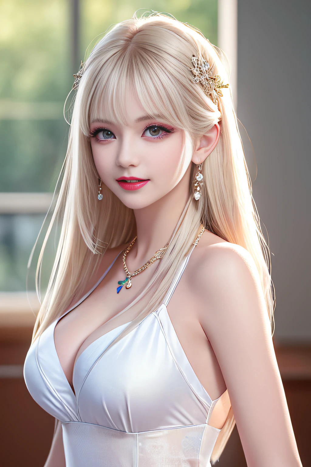 Female teacher standing in the classroom v6, necklace, earrings, full body v6, long white hair, translucent clothes, visible, superb, ultra-high-definition, RAW photo, realism: 1.25), (bright lip gloss, long eyelashes, smooth face, light skin, natural shadows, wide light, wide light, depth of field, strong colors, subtle caustics: 0.8), smile, (big tits), v6
