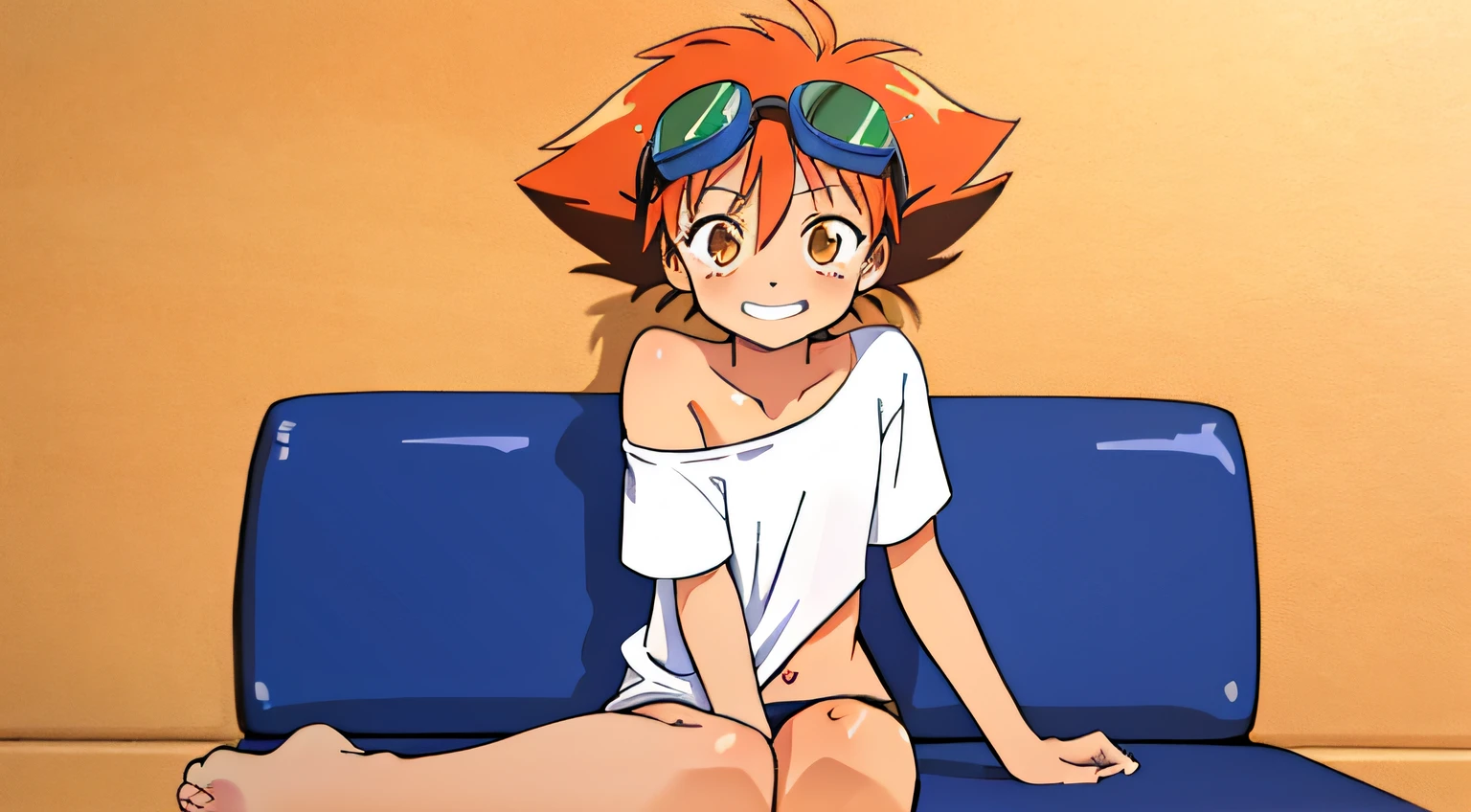 beautiful, masterpiece, simple background, best quality, Edward, tomboy, tan skin, orange hair, spiked hair, brown eyes, goggles on head, white shirt, loose shirt, off shoulder, barefoot, detailled image, colorfull, vibrant colors, simple background, detailed face, perfect lighting, pefect shadows, perfect eyes, perfect hands, perfect hair, pefect face, grin, solo, center focus, looking at viewer, navel, IvanFloro, small body, sitting on a couch, eyes half open, shirt tug, tugging shirt down