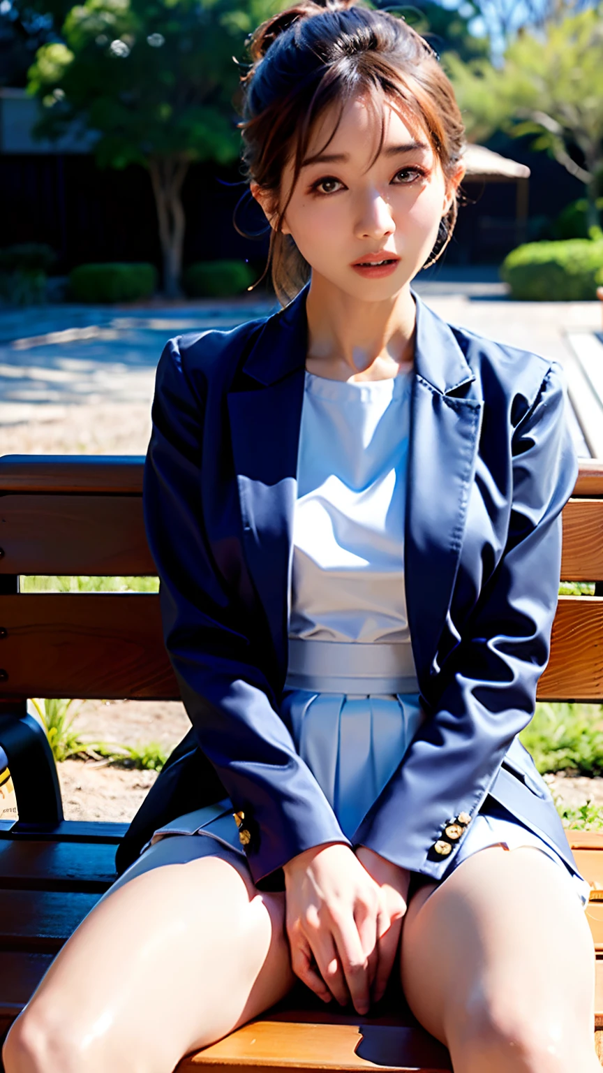 (of the highest quality, 8K, 32K, masutepiece, hyper HD: 1.2), 1 girl, Beautiful Japan 18 year old woman, Beautiful Minami Tanaka、Minami Tanaka, 18 years old、White blouses、thin waist, Shiny skin, of the highest quality, Photorealistic , Sunny park in the background、park bench、8K, High Definition, Minami Tanaka in a ponytail、, Female, (medium breasts: 1.8),  Pubic hair visible, Spread legs,Show panties,White panties,, , Skirt boldly pulled up,  (((Bench sitting with legs wide open)), Bend your knees and open your legs, slightly shorter hairstyle, white  panties、Suits, Open jacket, OL pose,  White blouses、Mini skirt, , (Spread legs: 1.2), Fine face, Short hair, Rain on her face, Mouth open