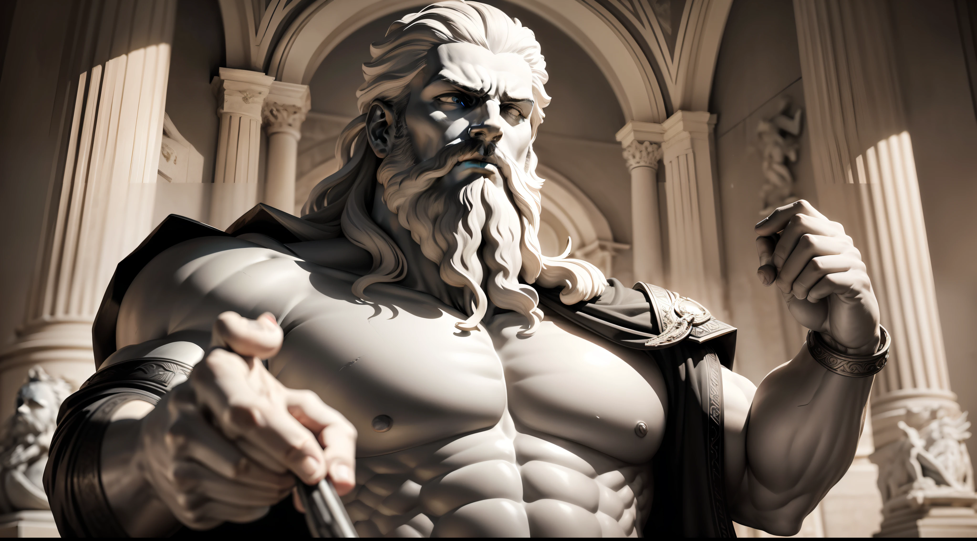 a black and white photo of a statue of a man with a beard, Furioso Deus Zeus, statue of hercules looking angry, epic scene of zeus, Escultura realista de 8K Bernini, O Deus Zeus, deus grego, greco roman statue, classical statue, classic sculpture, statue of zeus, statue of hercules, Greek statue, Retrato de Zeus acidentado, Retrato Zeus