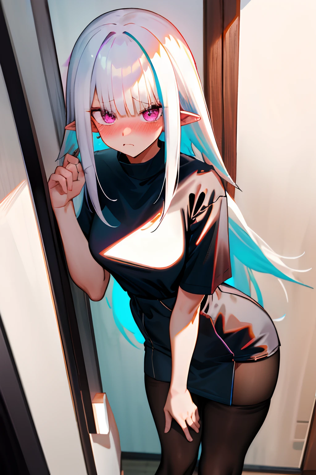 One girl with long hair, white hair, looking at viewer, embarrassed, blushing, oversized naked black t shirt, t shirt only, thigh, pointy ears, perfect waist, pantyhose, leaning against the room door