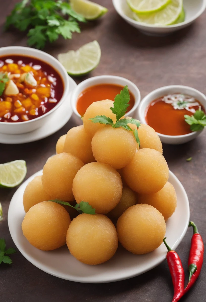a spicy chili Pani puri, cinematic, professional photography, studio lighting, studio background, advertising photography, intricate details, hyper-detailed, ultra realistic, 8K UHD