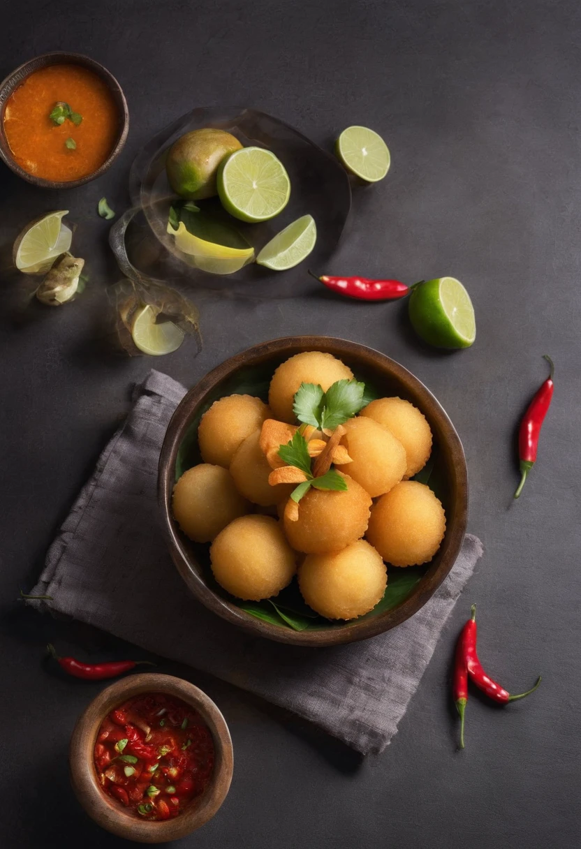 a spicy chili Pani puri, cinematic, professional photography, studio lighting, studio background, advertising photography, intricate details, hyper-detailed, ultra realistic, 8K UHD