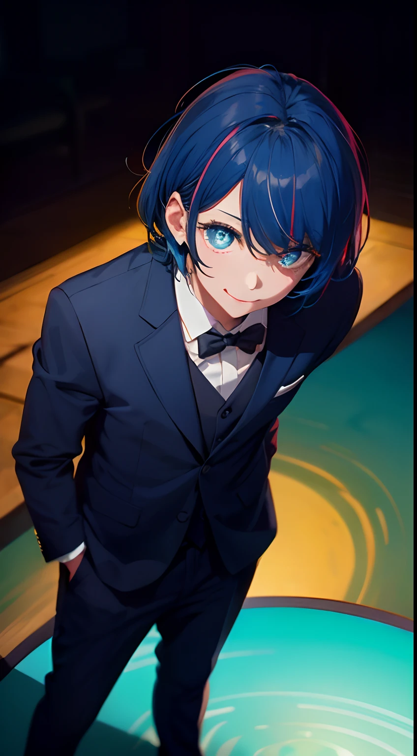 ​masterpiece、top-quality、Movie stills、One girl、、(a closeup:1.1)、with light glowing、Happiness、A delightful、Soft lighting、(Bauhaus、form、Line、abstracted:1.1)Gilji Blue Hair Short Hair、butterflys々、Black long skirt((​masterpiece)), deadpan, (((top-quality))), ((illustratio)),
1girl in,, ((独奏)), (详细的脸), (Beautiful details), Bright eye, blue eyess, ((dishevled hair)), 
A smile、blank stare、sitting on、((Facing to the side))、
Bow Tie Hair Band、Black transparent skirt、noble、Mystical、
Bright background、write、
(magazine:1.1), (cover-style:1.1), Fashionable, femele, with a vibrant, outfits, the pose, the front, Colorful, Dynamic, Background with, element, I'm confident, expresive, ngel, statement, accessorized, An majestic, coiled, surroundings, Touch, The scene, Texto, covers, It's bold, captures the attention, Titles, Stylish,  Catchy, headline, The large, Impressive, moderno, Trendy, Focus, lo fashion,Gilji Bluehair Shorthair、Gilji Blue Hair Short Hair、Gilji Bluehair Shorthair, (Wearing a formal suit:1.3)1girl in, full body Esbian, cowboy  shot, (Rembrandt), illustratio, (​masterpiece), (Top image quality), (Ultras_Detailed), finely detail, (depth of fields), gloves, tongue-out, tongue, stele \(Symbols\), see the beholder, (Light blue hair:1.2), Blue Eye, The upper part of the body, hair adornments, , Blue shirt, A smile,  The shirt, Idol, symbol-shaped pupils, bangss, One side up, star-shaped pupils,  Roaring 20s, isometric、From  above、Gilji Blue Hair Short Hair, Wearing a suit、Luminescent eyes、Star-shaped glowing eyes、piece sign、Crisp eyes、Peace sign near the eye、Look at me from the front、formal suit
