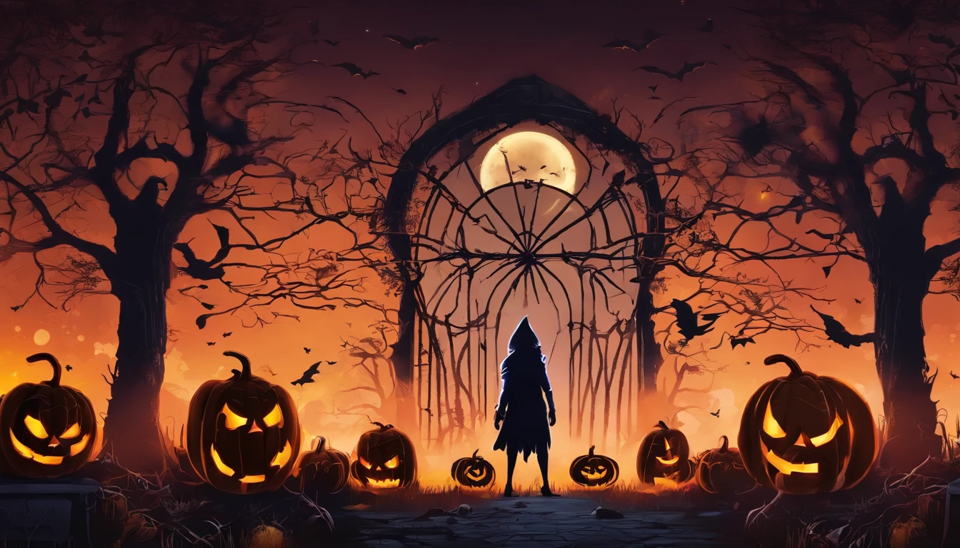 (best quality,4k,8k,highres,masterpiece:1.2),ultra-detailed,(realistic,photorealistic,photo-realistic:1.37),halloween,dark atmospheric,spooky,haunted forest,full moon,bat,witch,creepy pumpkin,potion,ghost,witch hat,black cat,candlelight,enchanted,wispy fog,shadowy figures,skeletal trees,jack-o'-lantern,witch's broom,cauldron,magical spells,mysterious spells,glowing eyes,costumes,Trick or Treat,candy,scary,gothic,macabre,otherworldly,moonlit night,ethereal,luminous,spiderweb,moonlight,graveyard.