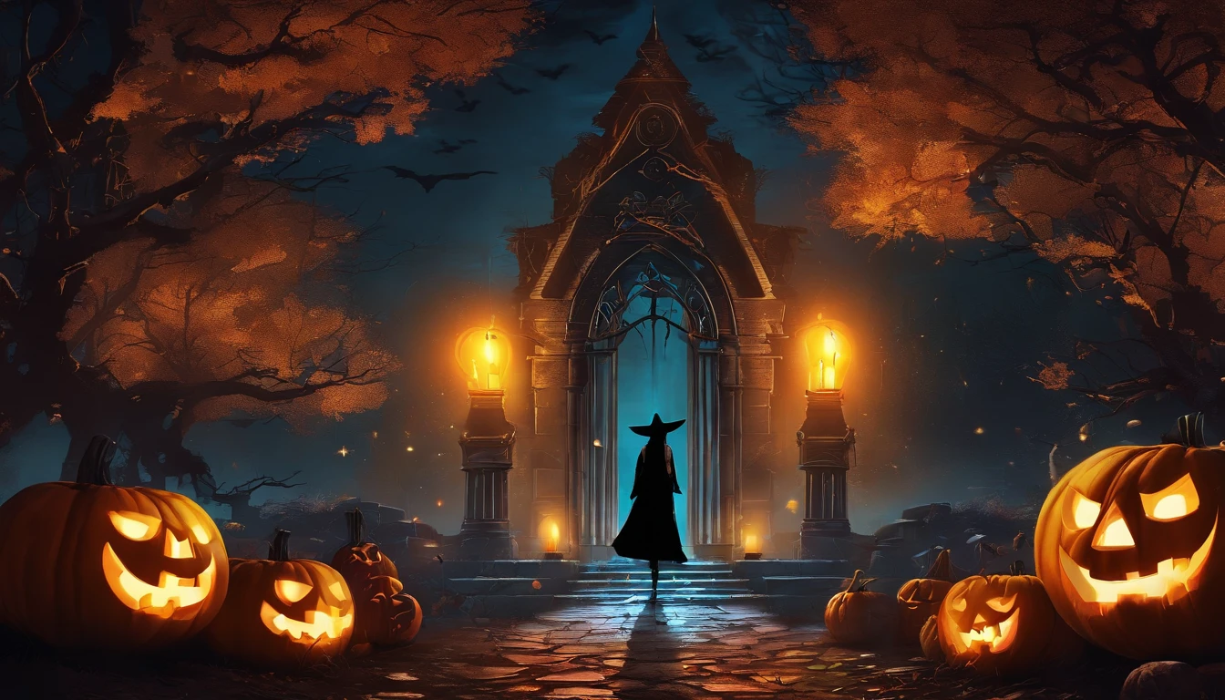 (best quality,4k,8k,highres,masterpiece:1.2),ultra-detailed,(realistic,photorealistic,photo-realistic:1.37),halloween,dark atmospheric,spooky,haunted forest,full moon,bat,witch,creepy pumpkin,potion,ghost,witch hat,black cat,candlelight,enchanted,wispy fog,shadowy figures,skeletal trees,jack-o'-lantern,witch's broom,cauldron,magical spells,mysterious spells,glowing eyes,costumes,Trick or Treat,candy,scary,gothic,macabre,otherworldly,moonlit night,ethereal,luminous,spiderweb,moonlight,graveyard.
