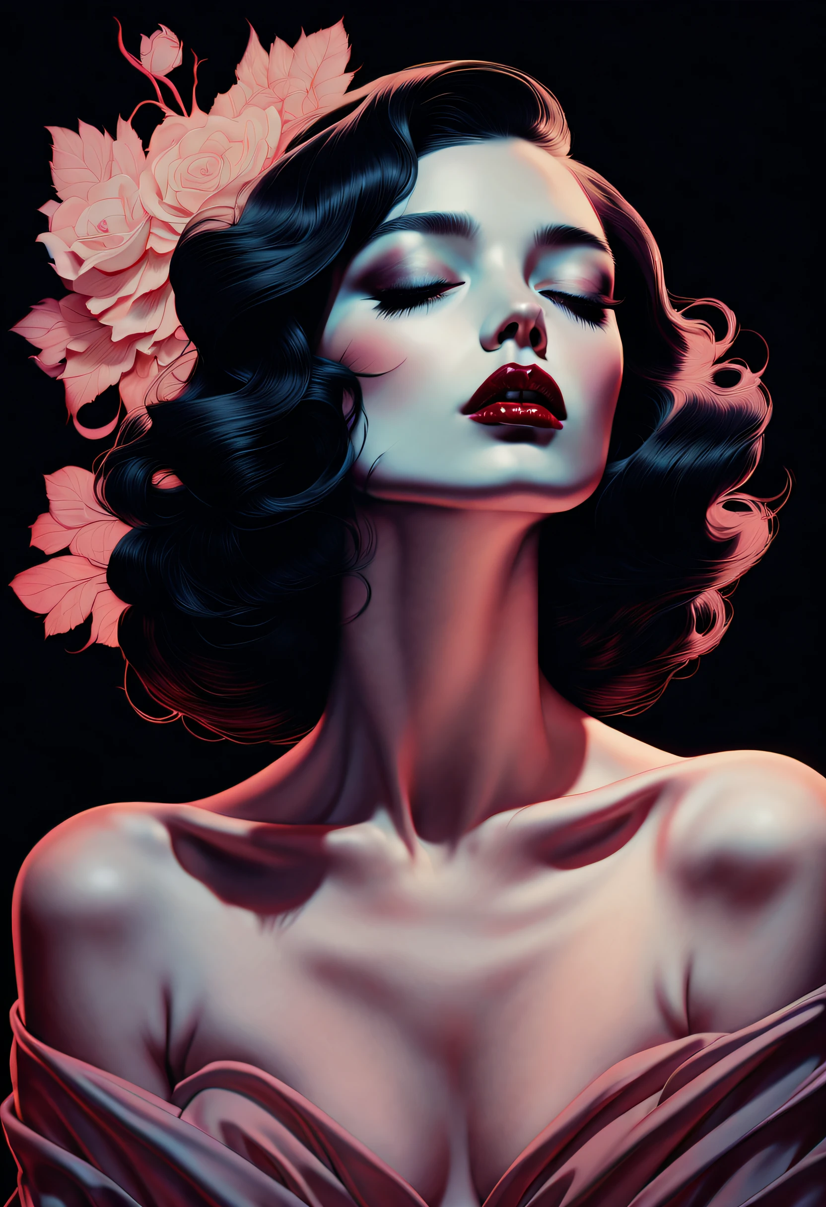 chiaroscuro technique on sensual illustration of an elegant woman, vintage horror, eerie, matte painting, by Hannah Dale, by Harumi Hironaka, extremely soft colors, vibrant, highly detailed, digital artwork, high contrast, dramatic, refined, tonal,