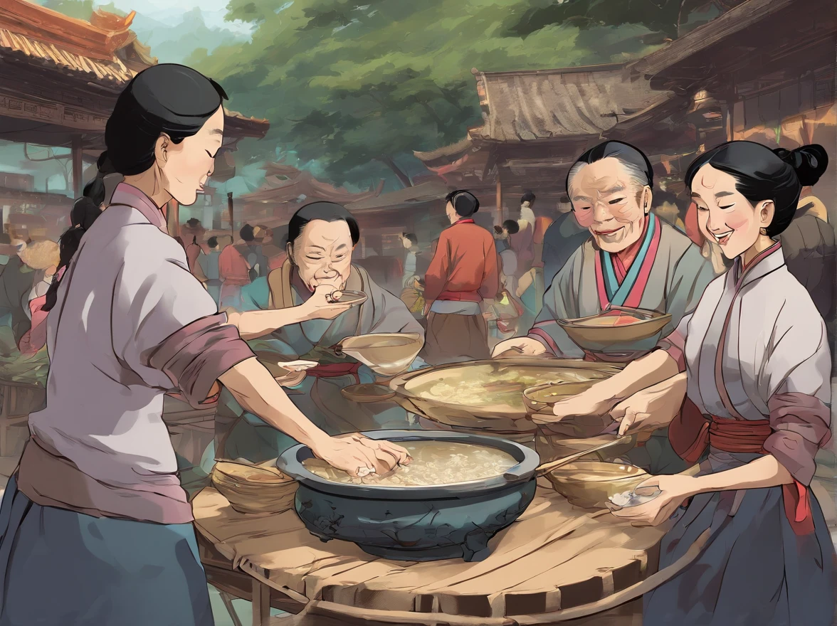 (Best quality, 4K, 8K, grade high resolution), super detail, (lifelike, photographic, photo lifelike: 1.37), Chinese style, town wharf, the left is the vast sea, the sun, grass, the right, banyan trees, messy face, tricycle, traditional Zhuang costumes, elderly grandma, with vibrant flowers on her head, enthusiastic service, and a bowl of steaming Congee In front of the grandmother, the grandfather was wearing worn-out clothes, with a tired face, holding a bowl.Behind me, there was a crowded team, with uncovered meals, growling bellies, hungry and thirsty expressions, making people salivate. They anxiously counted the people in front, stretched their necks, and inhaled the attractive aroma of Congee in the air