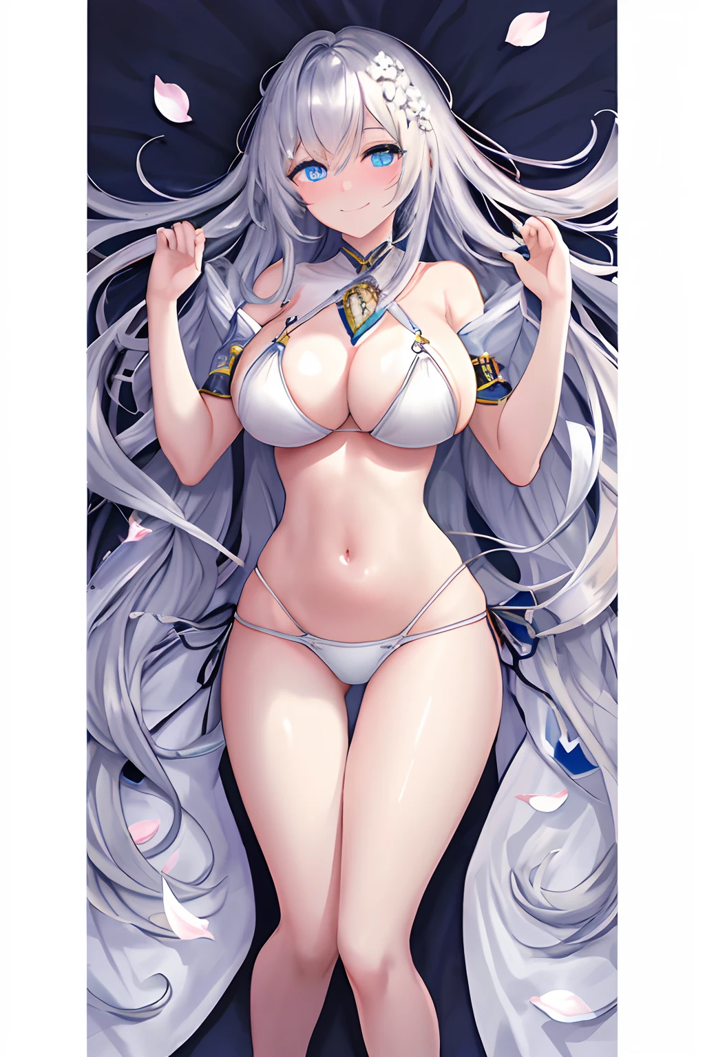 {best quality}, {{masterpiece}}, {highres}, extremely detailed girl, sharp focus, {{{character{1 girl}}}}, solo, {{{bikini transparent}}}, lying, light smile, closed mouth, beautiful detailed eyes, blue eyes, {{{{{sharp focus}}}}}, {{{{{masterpiece illustration}}}}}, shiny hair, long hair, silver hair, {{{{{{dakimakura}}}}}}, {{full body}}, glowing, white theme, {{{petals}}}