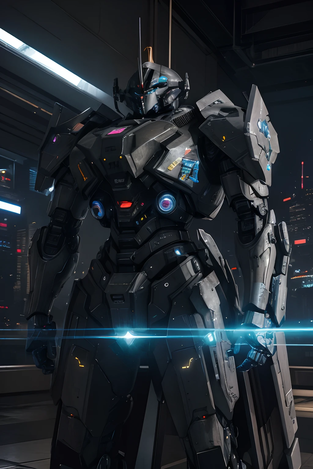 Futuristic battle suit with powerful cosmic aura, estilo cyberpunk, ARMORED CORE, mecha humanoide poderoso, estilo cyberpunk visto da cinta para cima, Foto realista, 8k, 4k, extreme res, ultra high-resolution, dynamic lighting