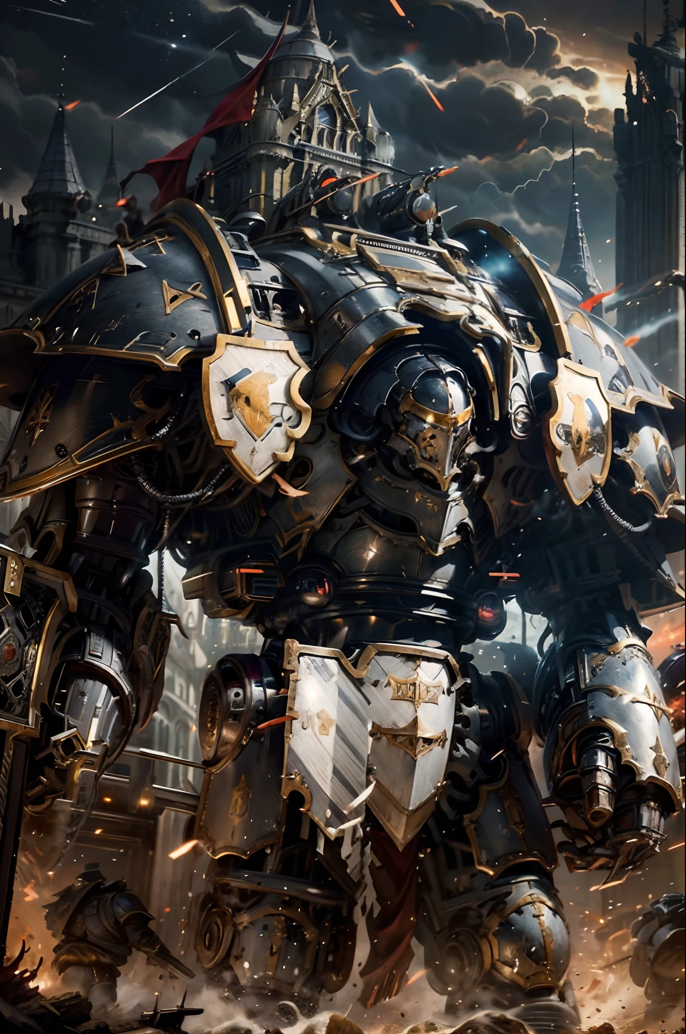 Photo of a knight class Titan, extremely large,black armour, extremely huge gattling guns,damaged armour,red visors,night, absolutely stunning art, extremely detailed, highest quality digital art ,towering over buildings