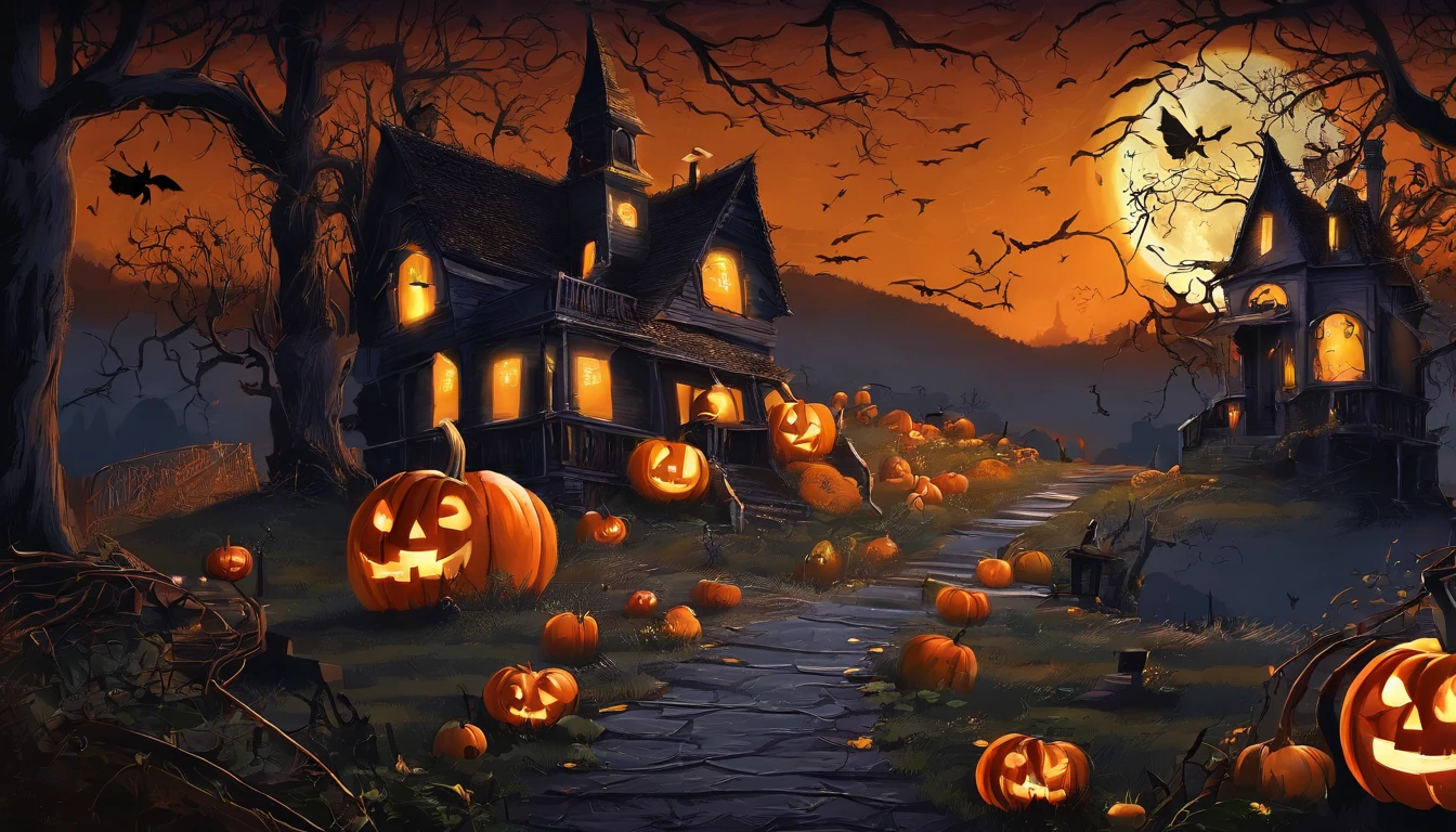 (best quality,4k,8k,highres,masterpiece:1.2),ultra-detailed,(realistic,photorealistic,photo-realistic:1.37),halloween,dark atmospheric,spooky,haunted forest,full moon,bat,witch,creepy pumpkin,potion,ghost,witch hat,black cat,candlelight,enchanted,wispy fog,shadowy figures,skeletal trees,jack-o'-lantern,witch's broom,cauldron,magical spells,mysterious spells,glowing eyes,costumes,Trick or Treat,candy,scary,gothic,macabre,otherworldly,moonlit night,ethereal,luminous,spiderweb,moonlight,graveyard.