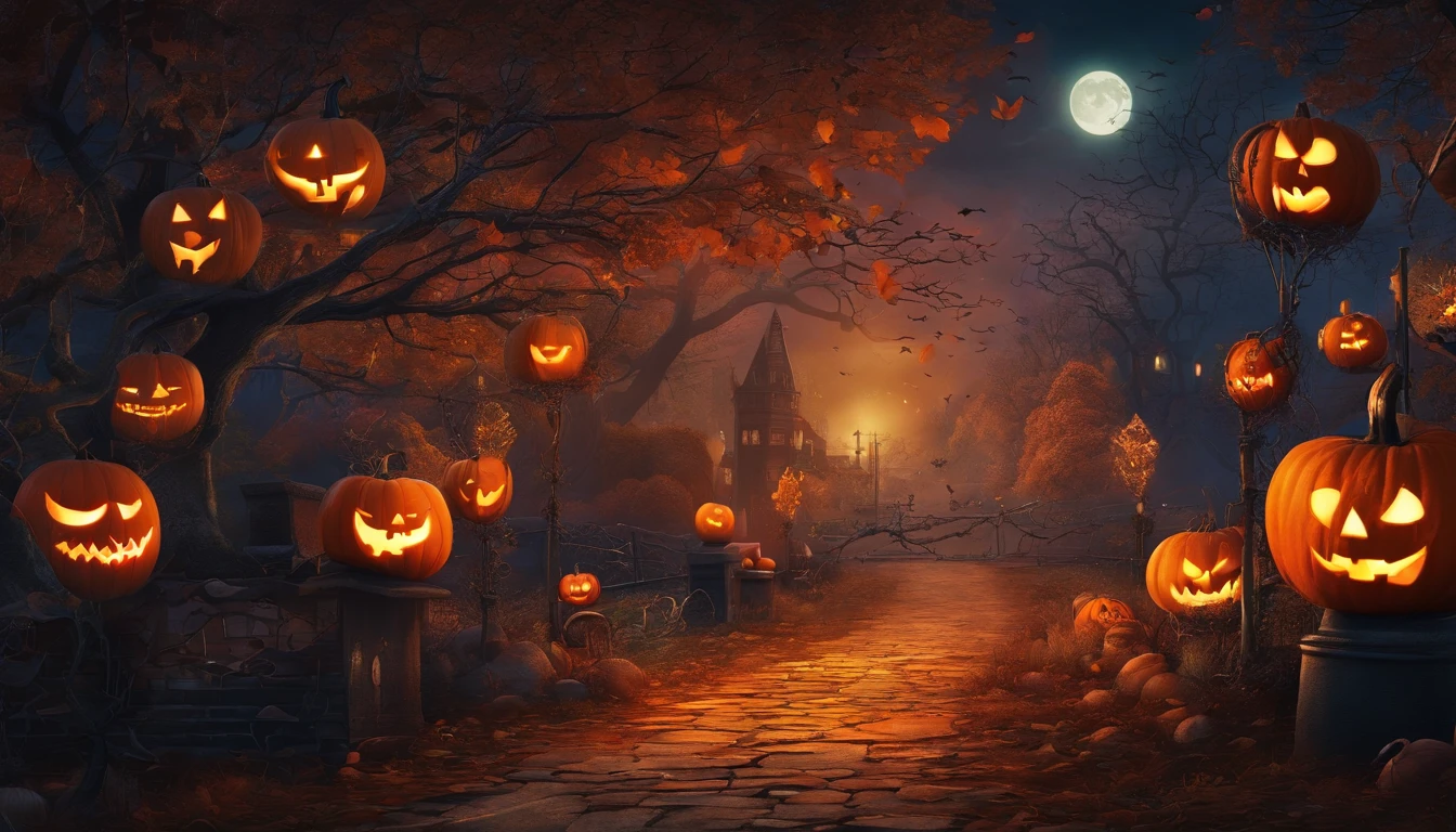 (best quality,4k,8k,highres,masterpiece:1.2),ultra-detailed,(realistic,photorealistic,photo-realistic:1.37),halloween,dark atmospheric,spooky,haunted forest,full moon,bat,witch,creepy pumpkin,potion,ghost,witch hat,black cat,candlelight,enchanted,wispy fog,shadowy figures,skeletal trees,jack-o'-lantern,witch's broom,cauldron,magical spells,mysterious spells,glowing eyes,costumes,Trick or Treat,candy,scary,gothic,macabre,otherworldly,moonlit night,ethereal,luminous,spiderweb,moonlight,graveyard.