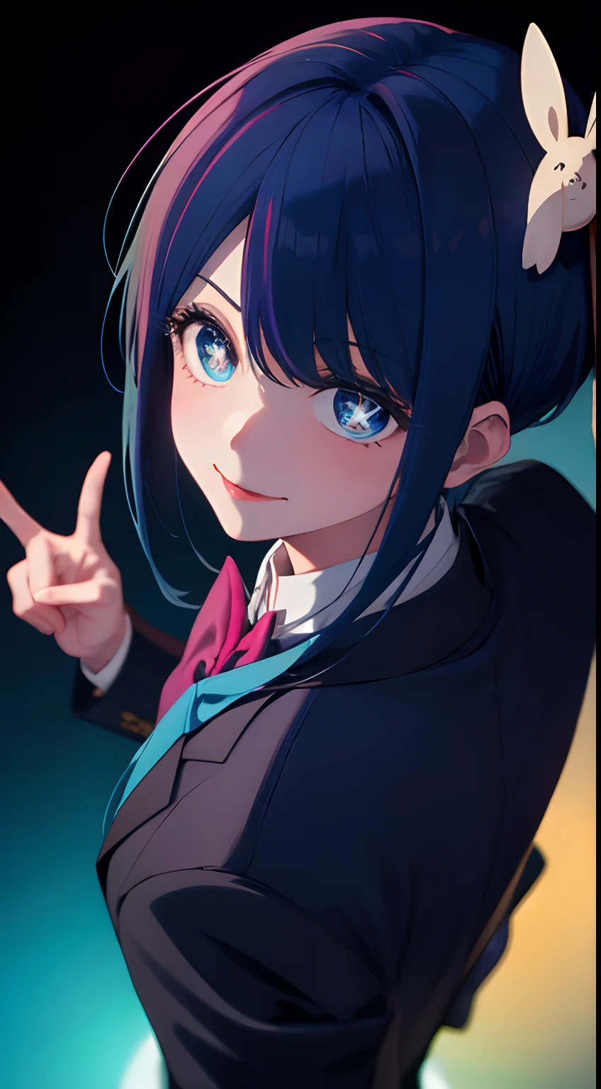 masterpiece、top-quality、Movie stills、One girl、、(a closeup:1.1)、with light glowing、Happiness、A delightful、Soft lighting、(Bauhaus、form、Line、abstracted:1.1)Gilji Blue Hair Short Hair、butterflys々、Black long skirt((masterpiece)), deadpan, (((top-quality))), ((illustratio)),
1girl in,, ((独奏)), (详细的脸), (Beautiful details), Bright eye, blue eyess, ((dishevled hair)),
A smile、blank stare、sitting on、((Facing to the side))、
Bow Tie Hair Band、Black transparent skirt、noble、Mystical、
Bright background、write、
(magazine:1.1), (cover-style:1.1), Fashionable, femele, with a vibrant, outfits, the pose, the front, Colorful, Dynamic, Background with, element, I'm confident, expresive, ngel, statement, accessorized, An majestic, coiled, surroundings, Touch, The scene, Texto, covers, It's bold, captures the attention, Titles, Stylish, Catchy, headline, The large, Impressive, moderno, Trendy, Focus, lo fashion,Gilji Bluehair Shorthair、Gilji Blue Hair Short Hair、Gilji Bluehair Shorthair, (Wearing a formal suit:1.3)1girl in, full body Esbian, cowboy shot, (Rembrandt), illustratio, (masterpiece), (Top image quality), (Ultras_Detailed), finely detail, (depth of fields), gloves, tongue-out, tongue, stele \(Symbols\), see the beholder, (Light blue hair:1.2), Blue Eye, The upper part of the body, hair adornments, :P, frilld, Blue shirt, A smile, Sleeveless, The shirt, Idol, symbol-shaped pupils, bangss, One side up, star-shaped pupils, dress pull, Roaring 20s, isometric、From above、Gilji Blue Hair Short Hair, Wearing a suit、Luminescent eyes、Star-shaped glowing eyes、double peace、piece sign、Eyes that glow sharply
